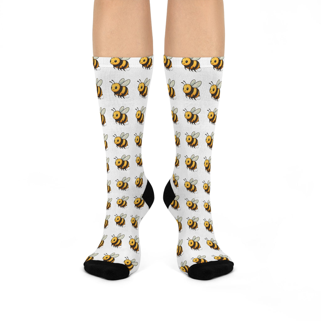Bee Pattern Cushioned Crew Socks — Cute Bumblebee Novelty Socks for Women & Men, Soft Comfy Everyday Crew