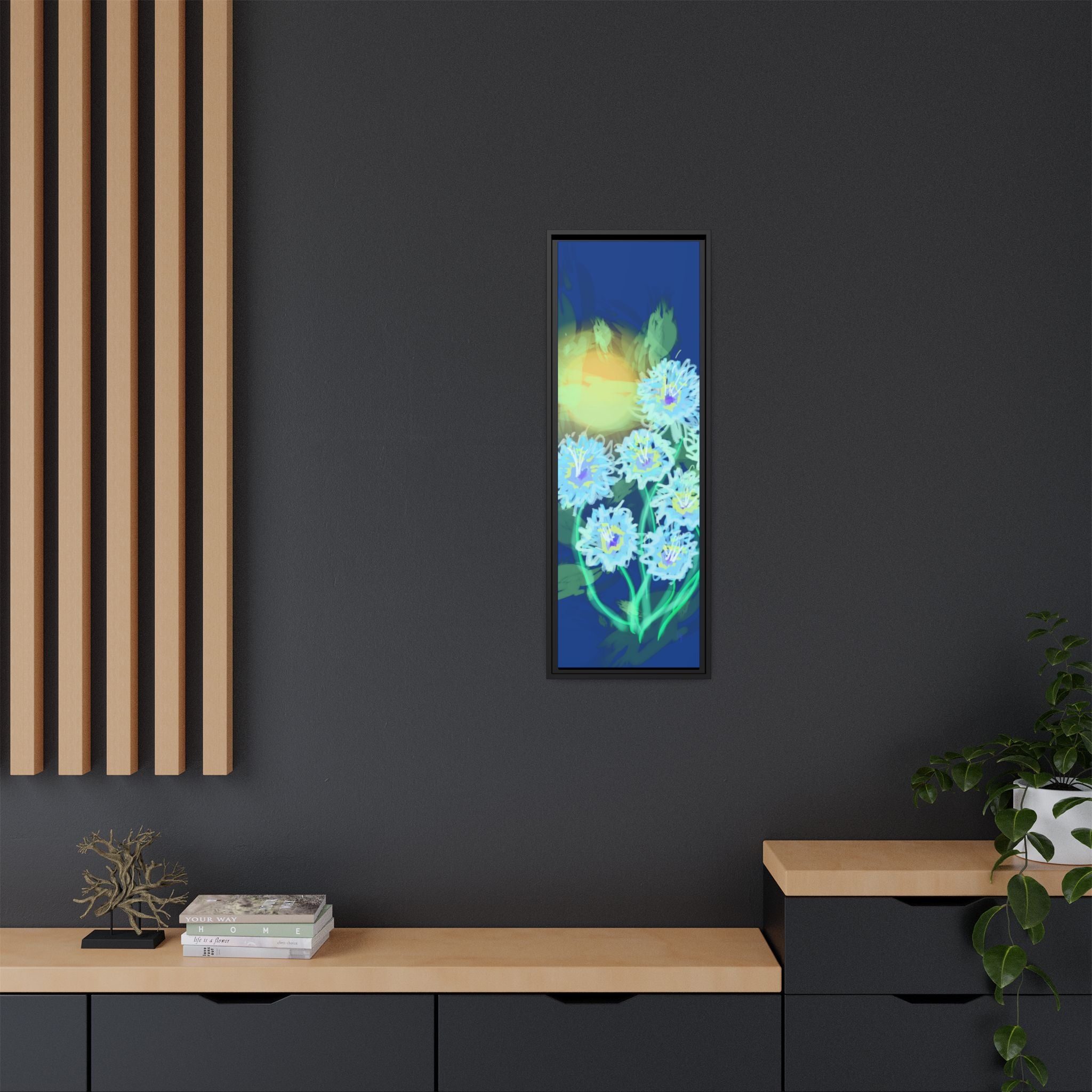 Framed Floral Canvas Art — Blue & Yellow Abstract Bouquet (Matte)