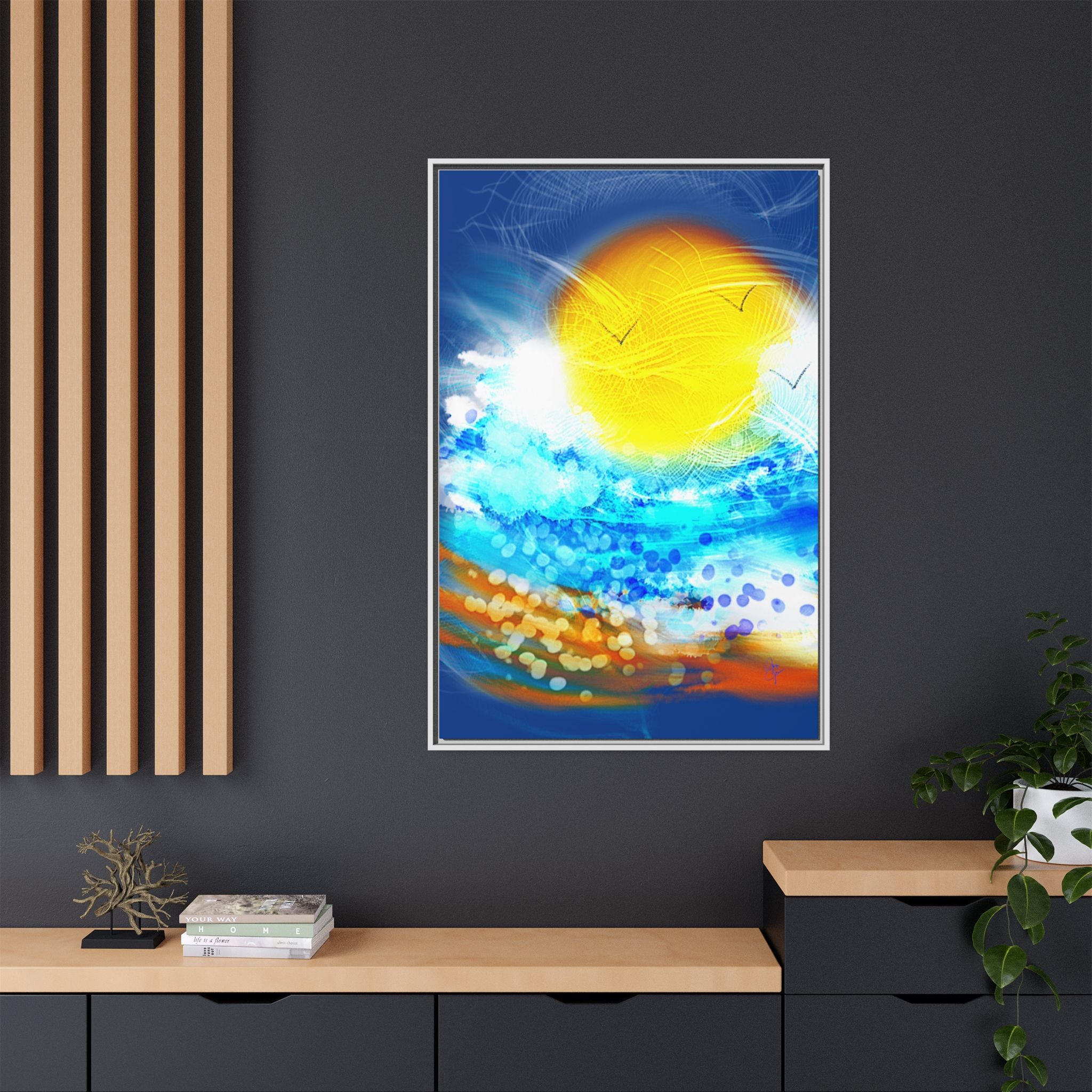 Sunshine Shore Matte Canvas Framed Wall Art — Bright Abstract Beach Print