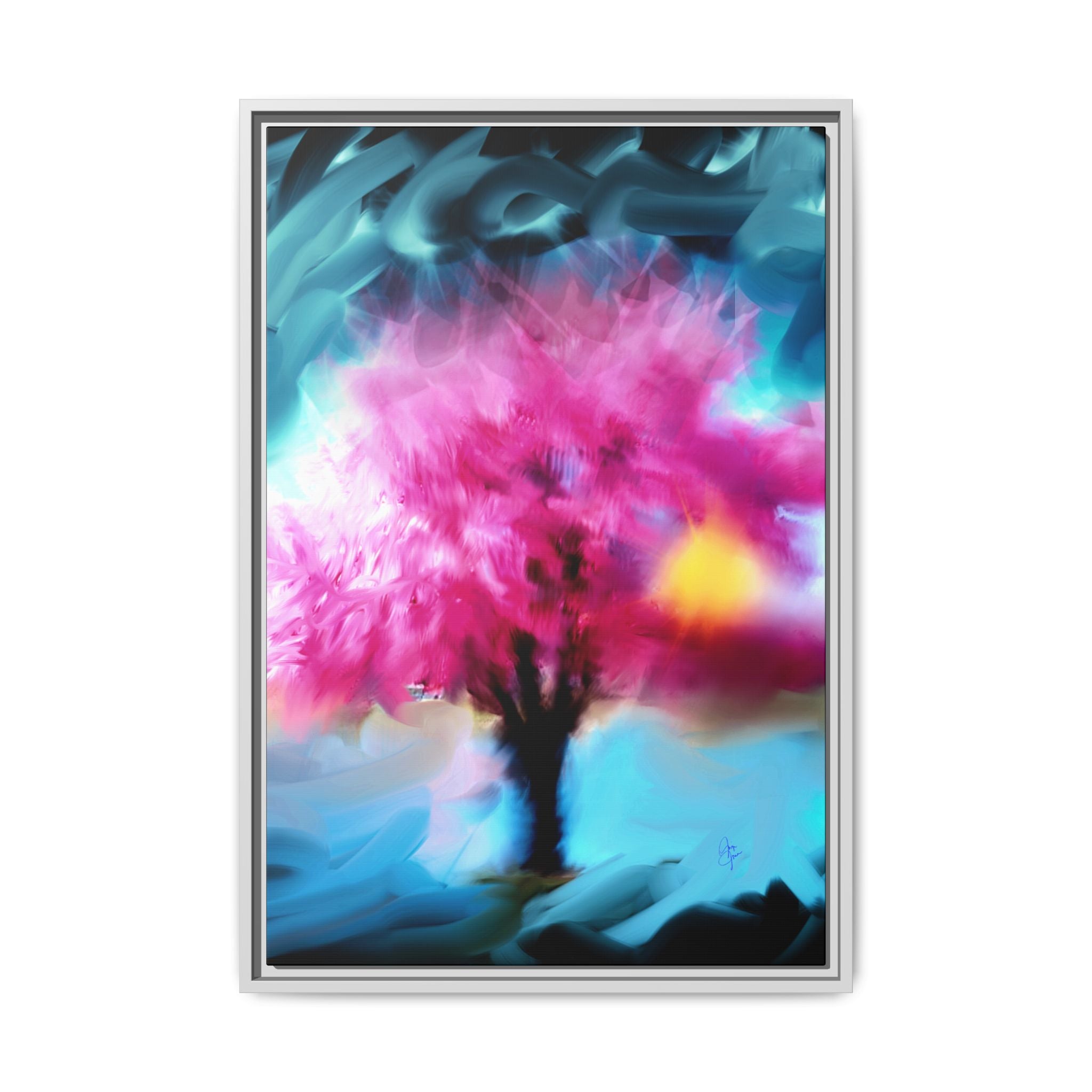 Framed Abstract Blossom Canvas — Vertical Pink & Blue Wall Art