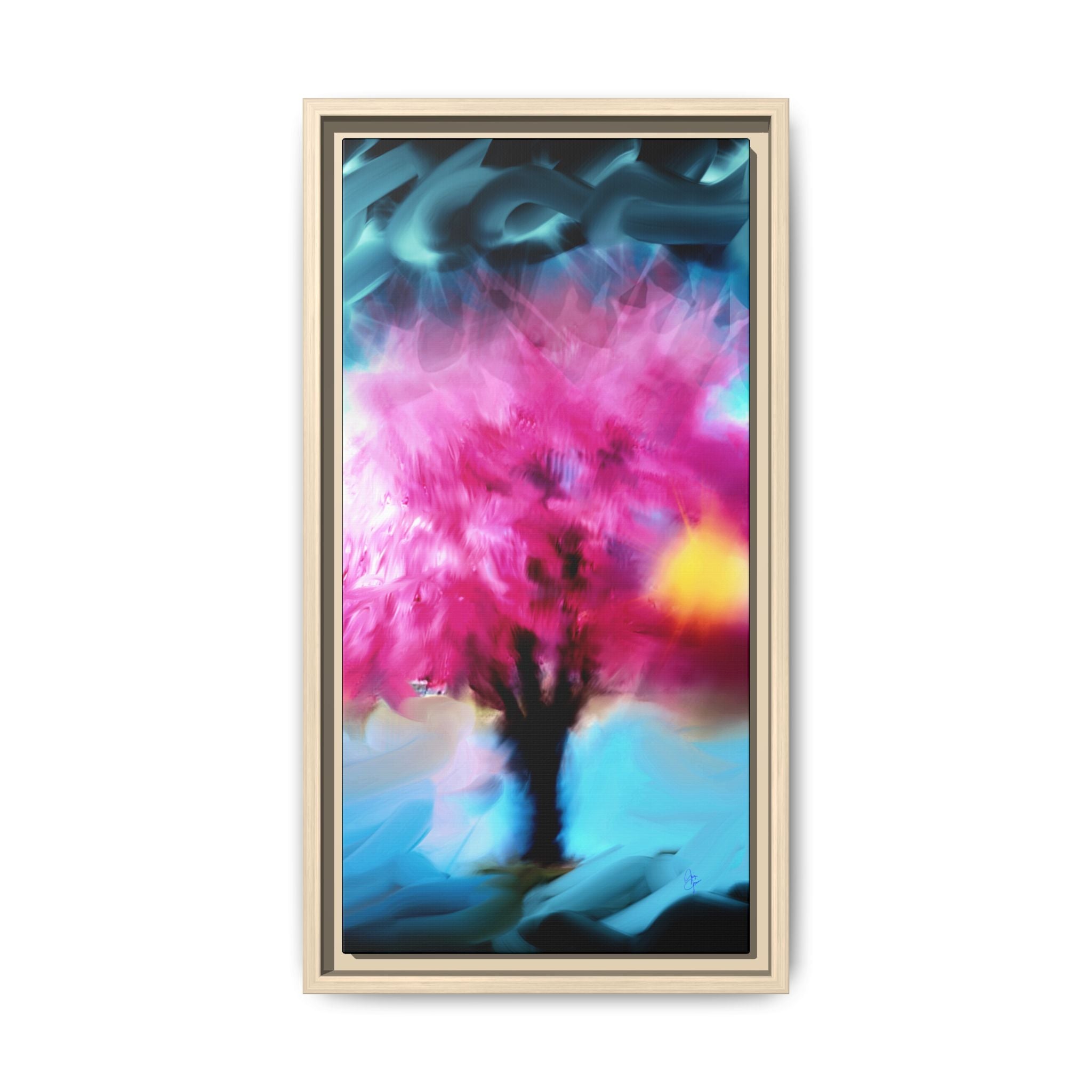 Framed Abstract Blossom Canvas — Vertical Pink & Blue Wall Art