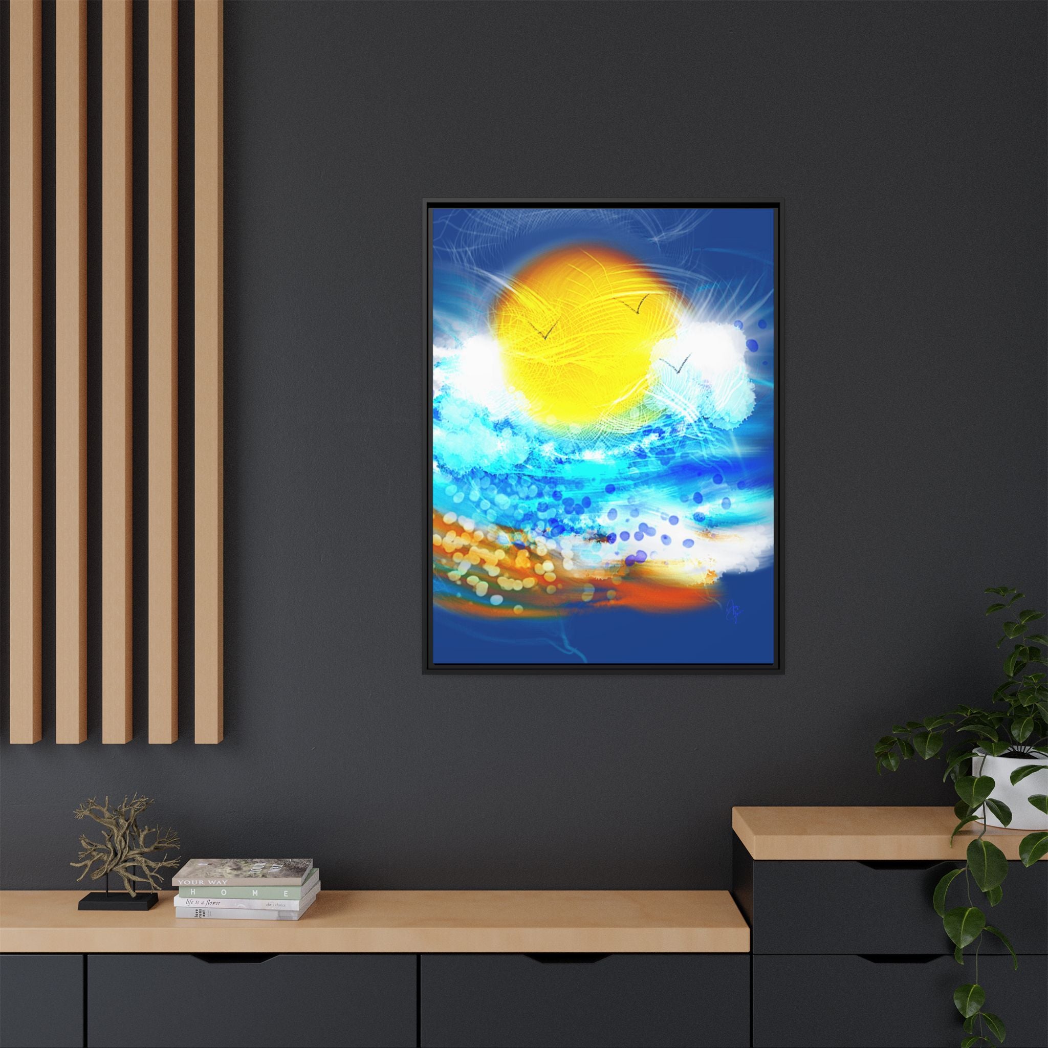 Sunshine Shore Matte Canvas Framed Wall Art — Bright Abstract Beach Print