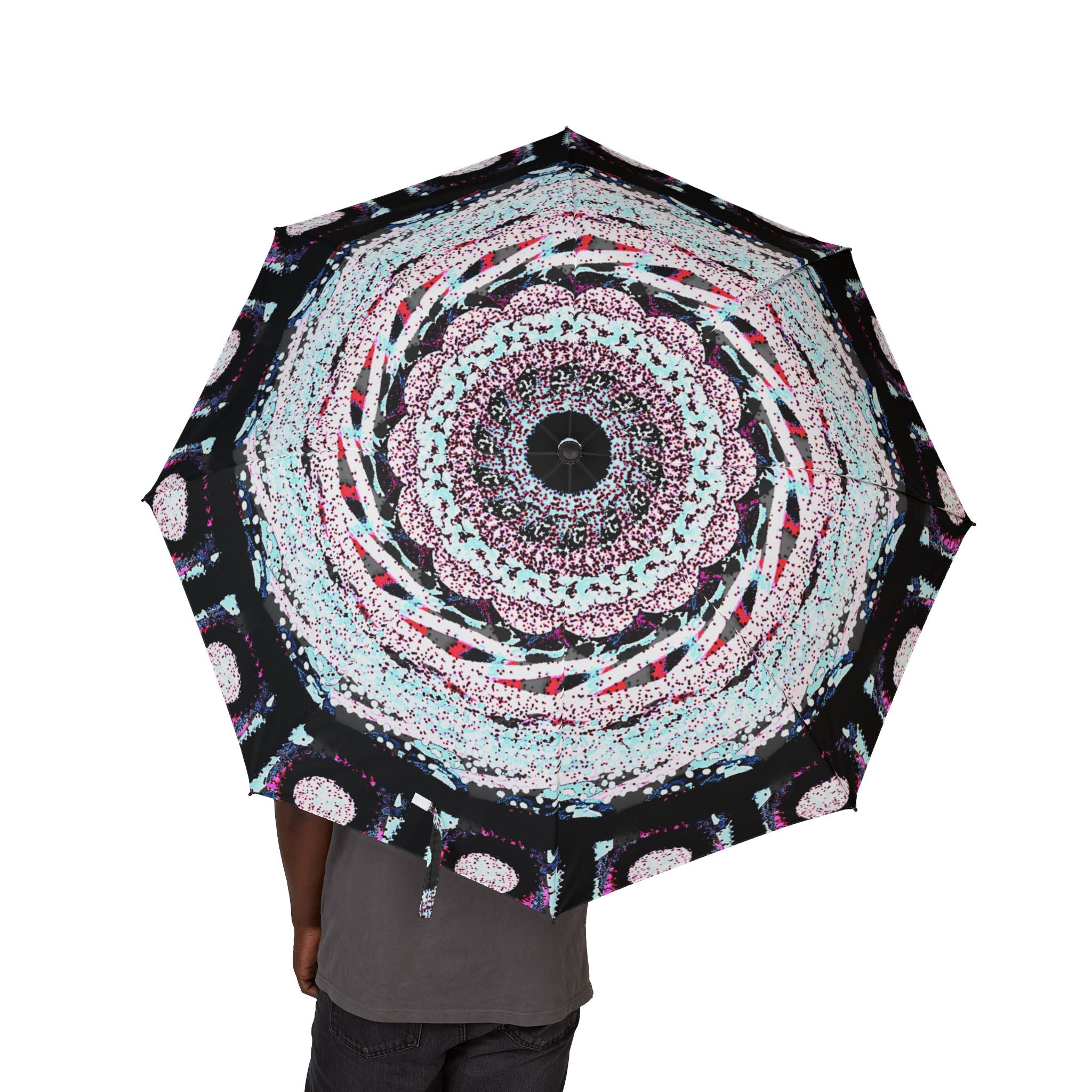 Foldable Umbrella — Pink & Black Mandala Automatic-Open Rain Umbrella