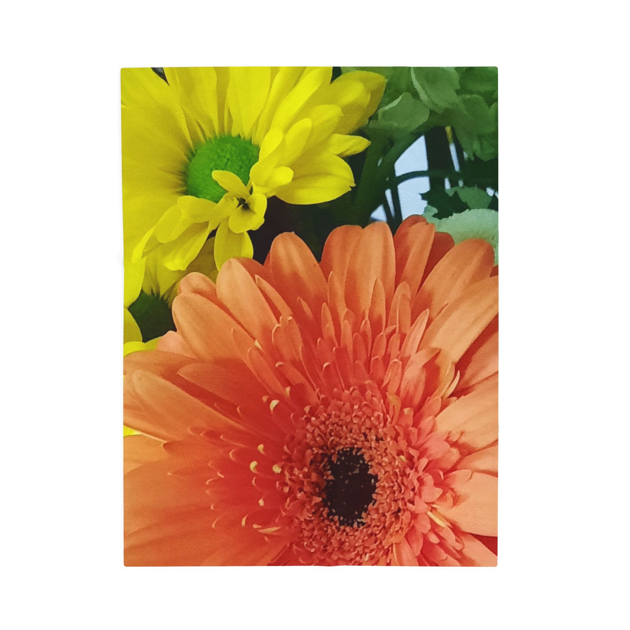 Velveteen Plush Blanket — Bright Orange Gerbera & Yellow Daisy Floral Throw