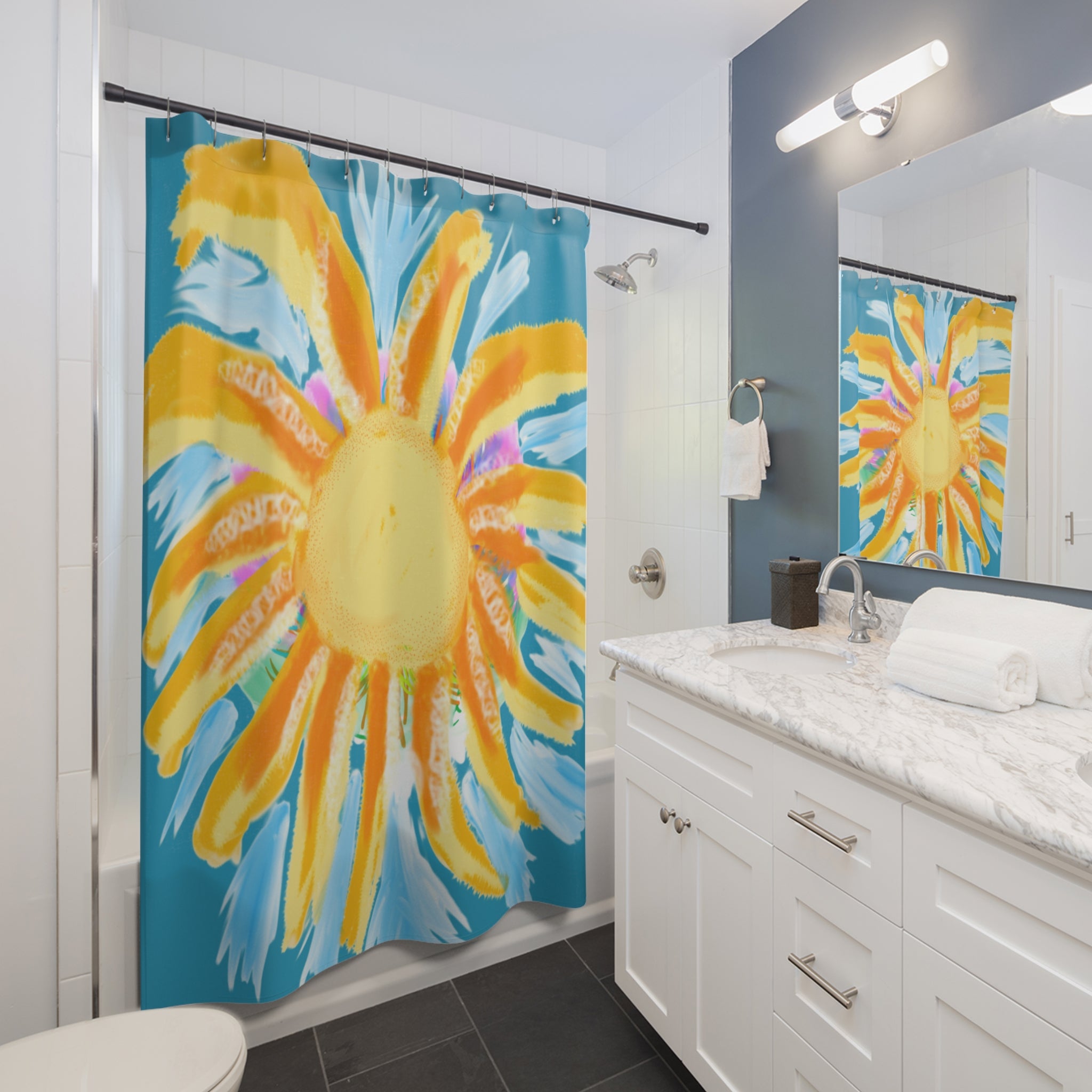 Sunburst Shower Curtain — Bright Yellow Sun Bathroom Decor