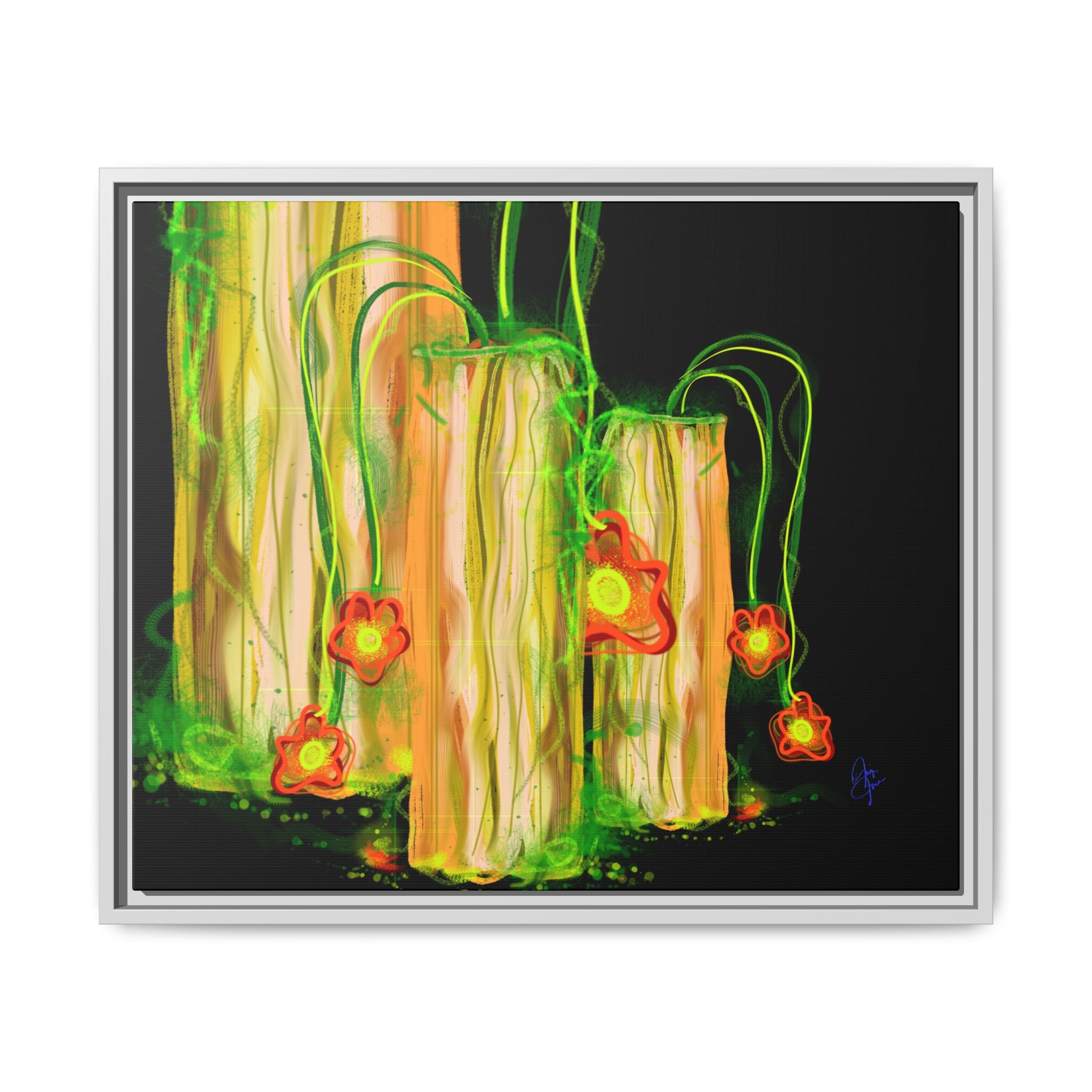 Framed Matte Canvas Print — Neon Floral Candlelight Art