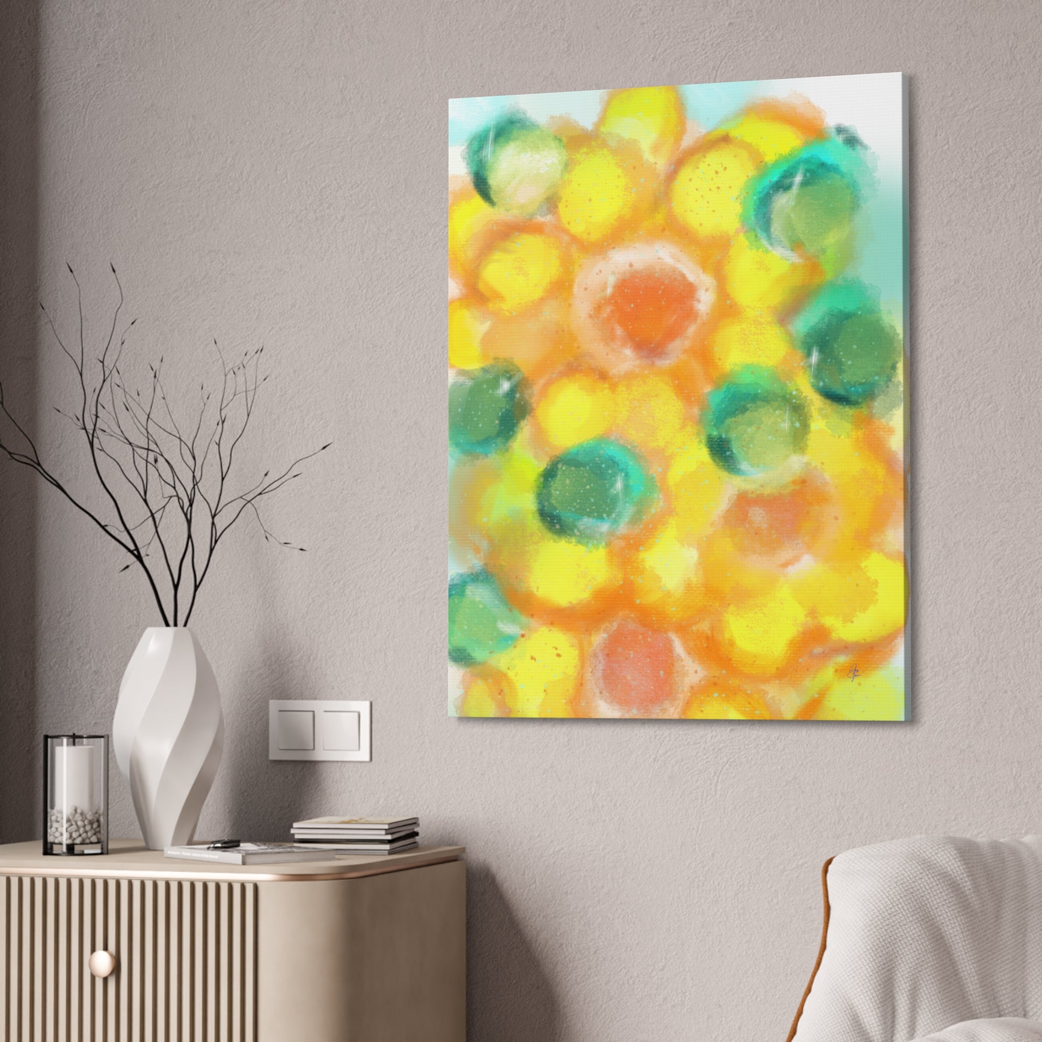 Abstract Sunshine Circles Canvas Art – Vibrant Yellow & Teal Stretched Wall Decor