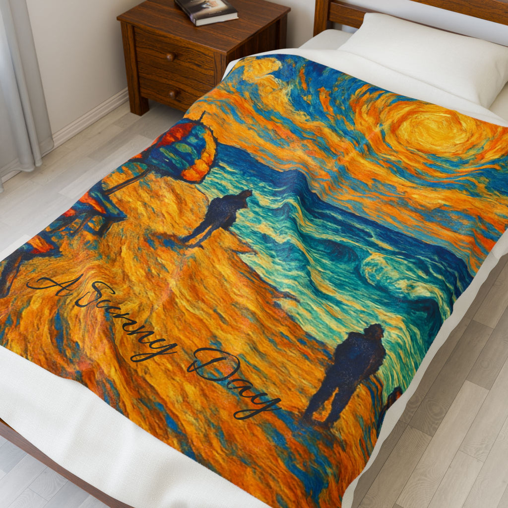 Velveteen Plush Blanket — 'A Sunny Day' Impressionist Beach Throw
