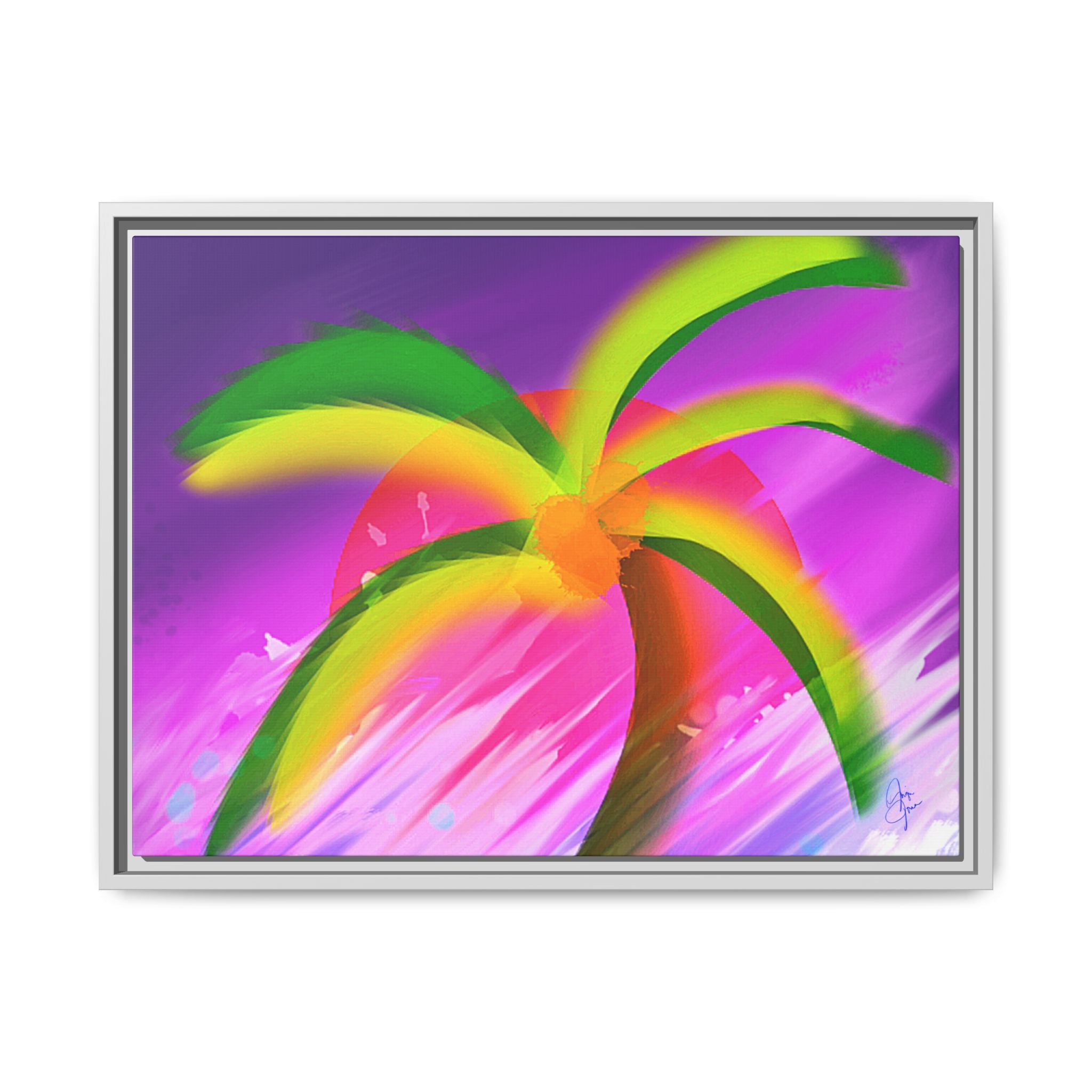 Framed Matte Canvas Print — Neon Palm Beach Art