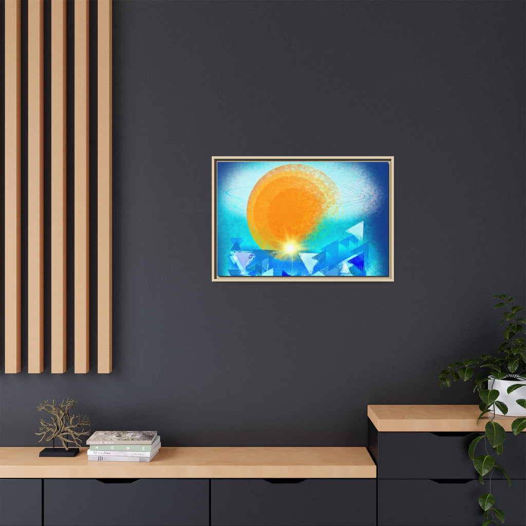 Abstract Sunrise Framed Canvas Art – Orange Sun Over Blue Geometric Waves
