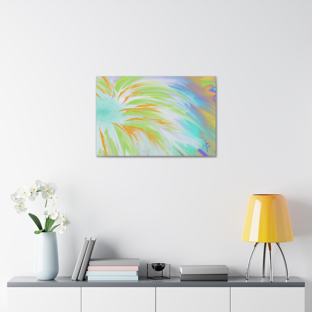 Abstract Sunburst Canvas Stretched Art - Turquoise, Lime & Coral Wall Decor