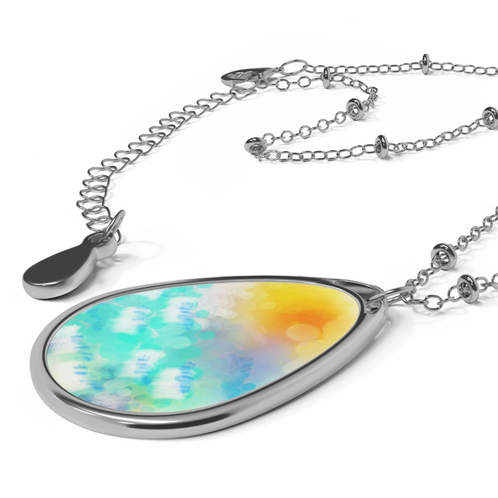 Oval Teardrop Sunrise Pendant Necklace — Colorful Beach Watercolor Oval Necklace