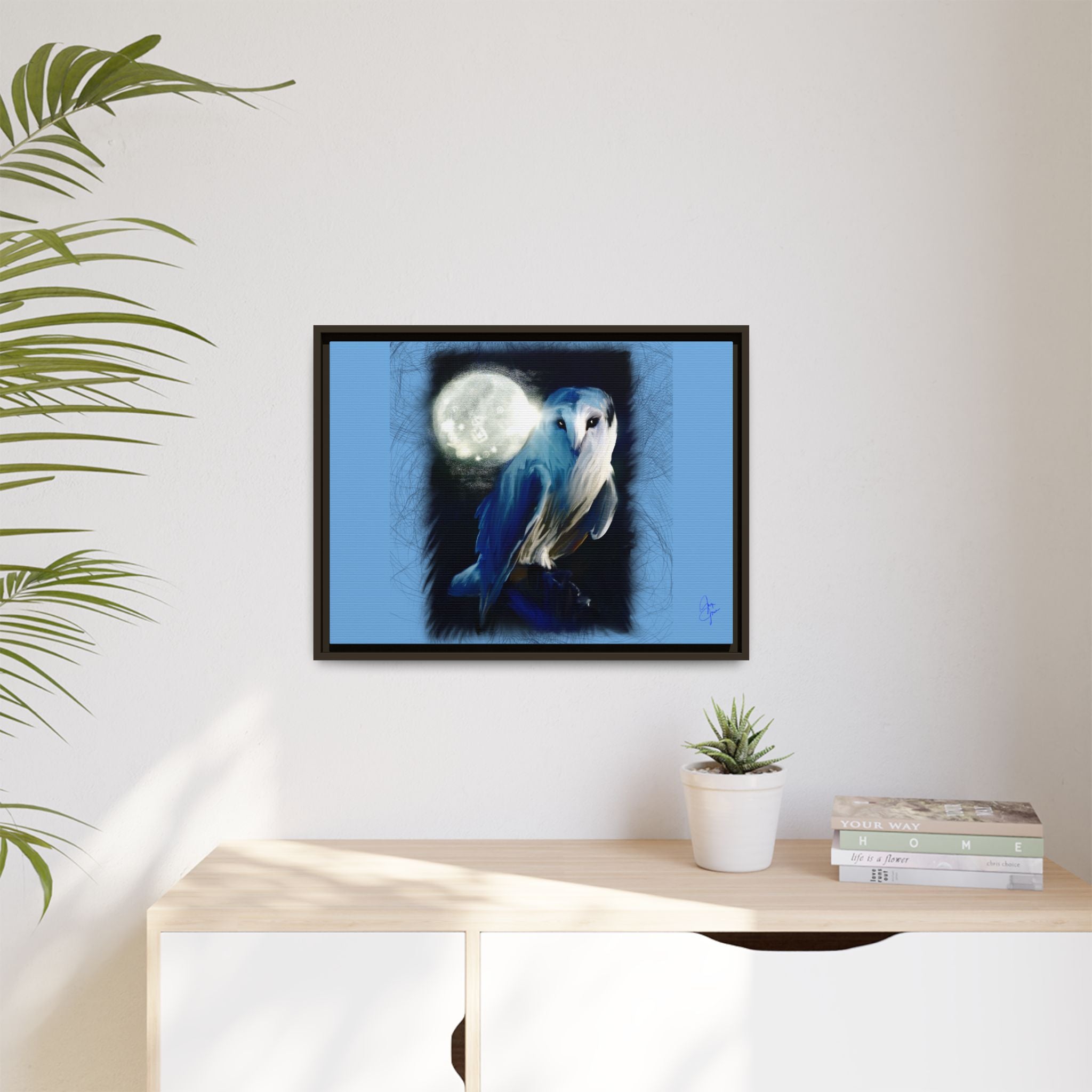 Moonlight Owl Matte Framed Canvas — Mystical Blue Owl Wall Art