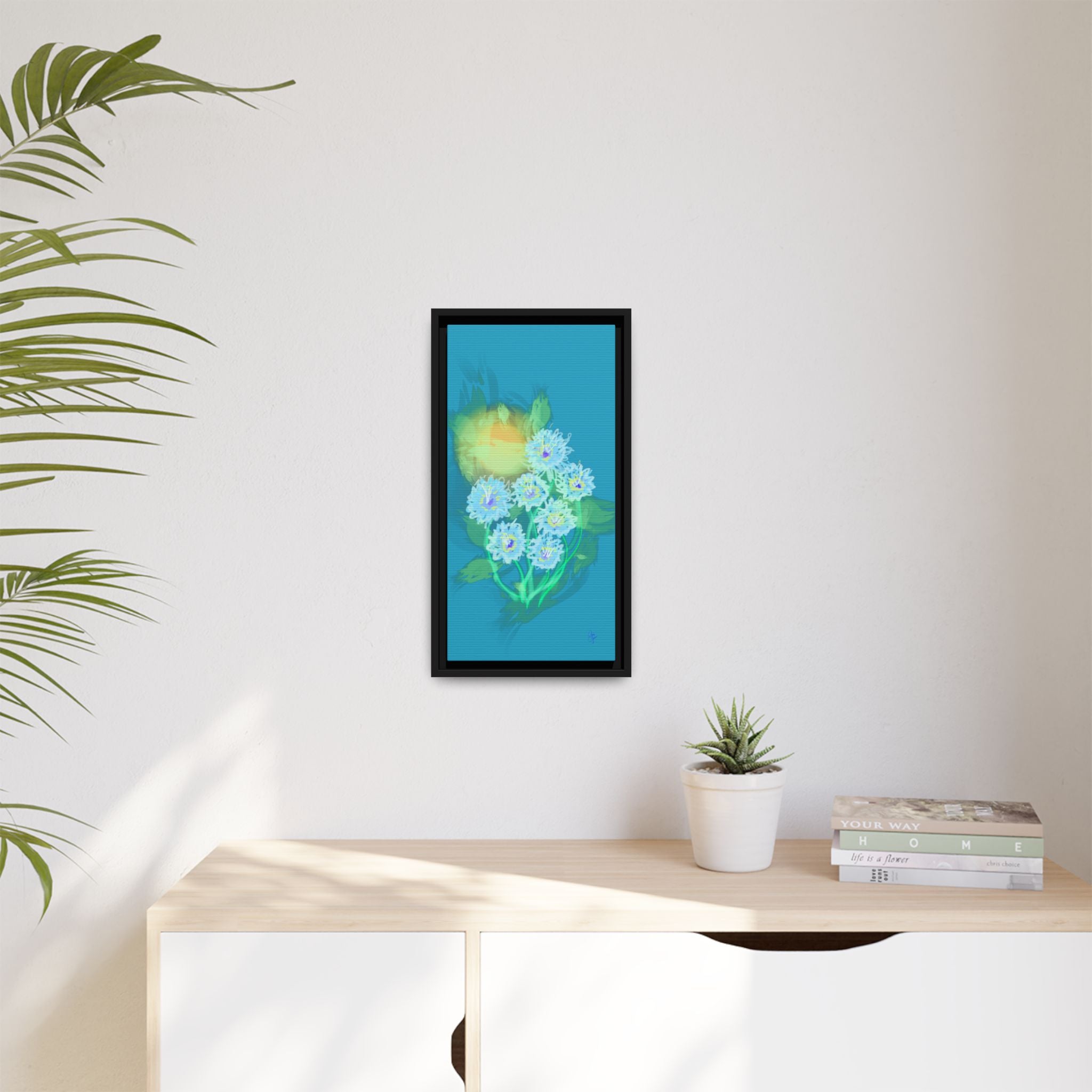 Framed Floral Canvas Art — Blue & Yellow Abstract Bouquet (Matte)