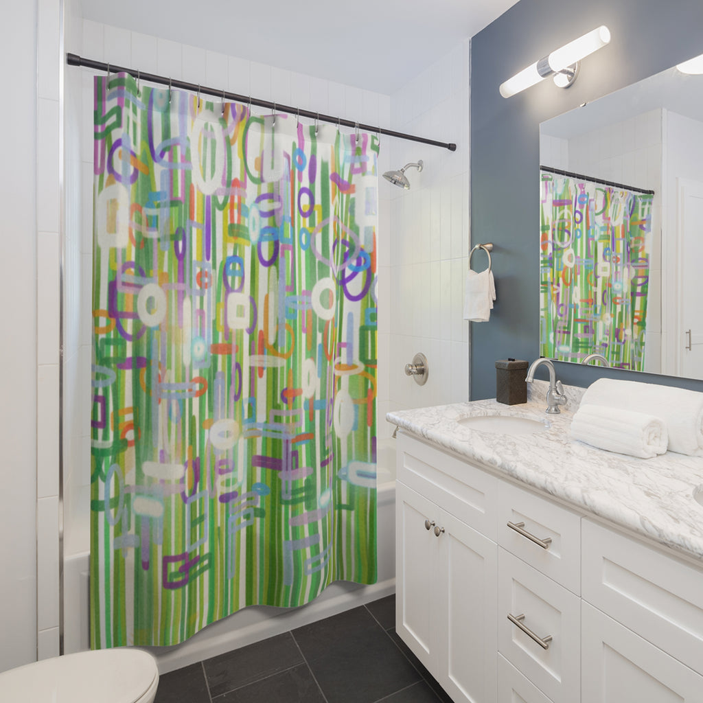 Abstract Green Geometric Shower Curtain — Colorful Mid-Century Modern Bath Decor