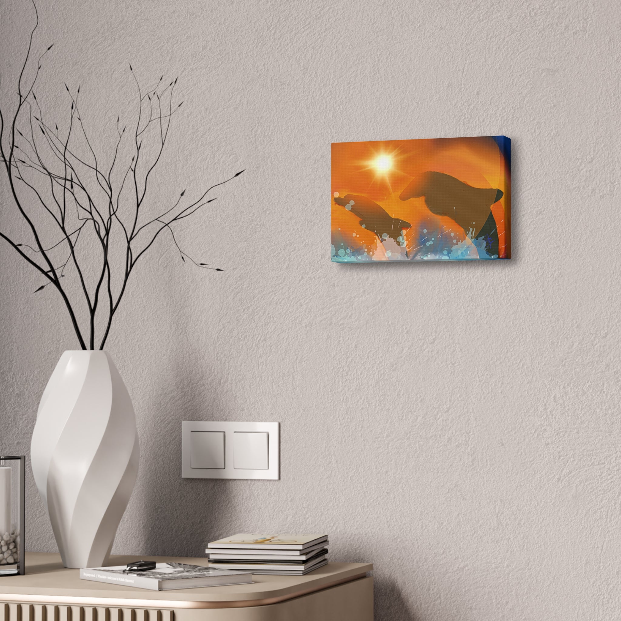 Sunset Dolphin Canvas Wall Art — Vibrant Ocean Sunset Stretch Canvas