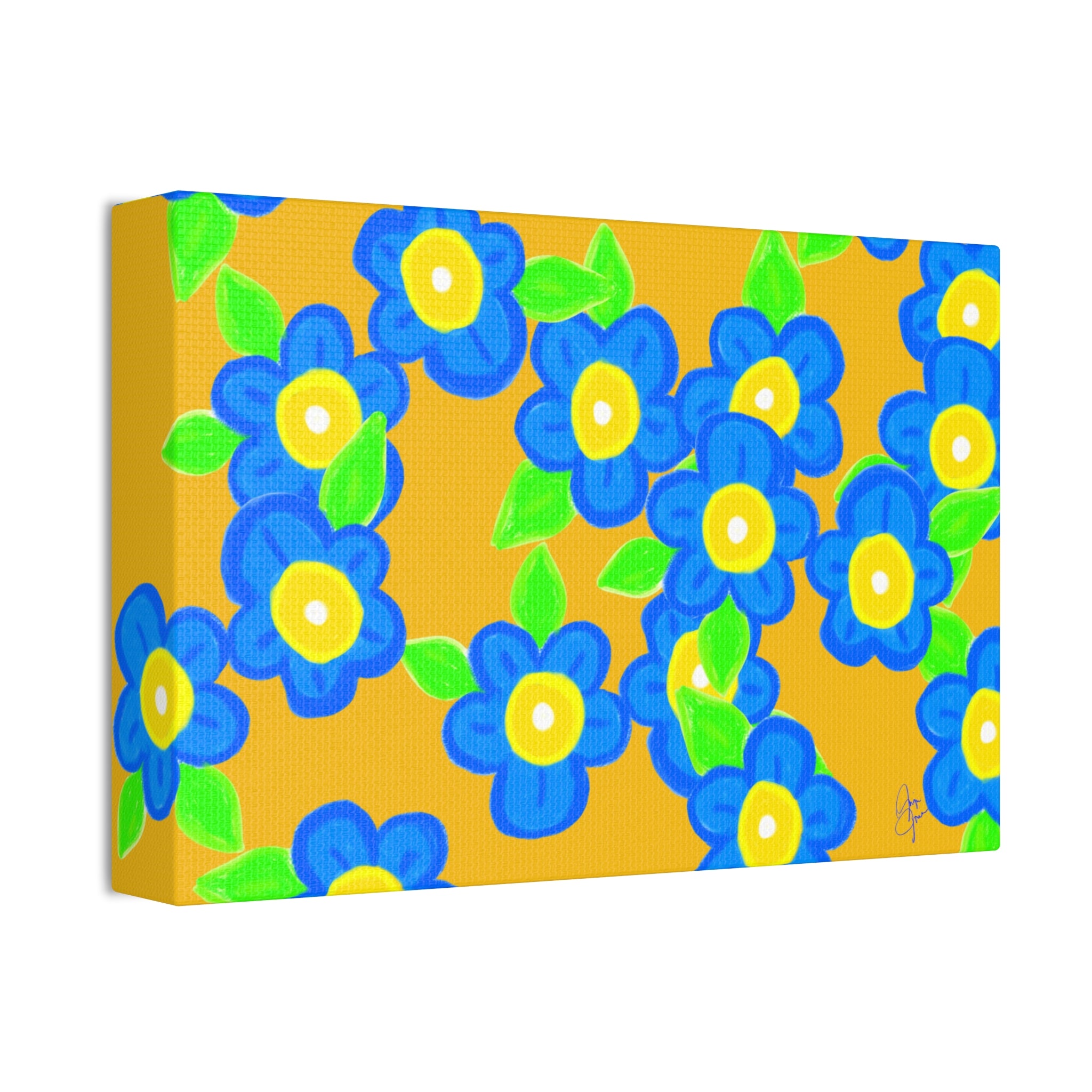 Blue Floral Canvas Wall Art — Bright Hand-Drawn Flowers on Mustard Background