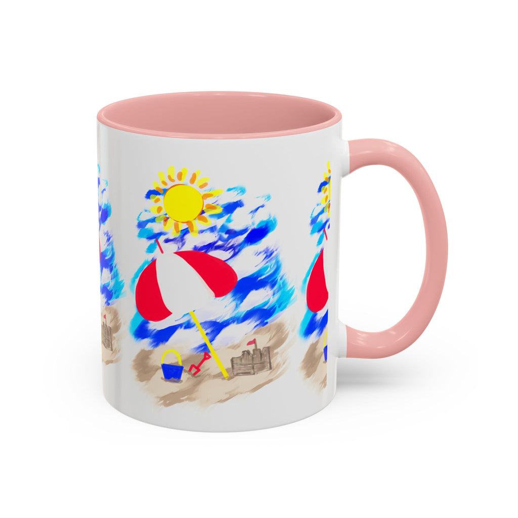Beach Scene Coffee Mug – Summer Umbrella, Sun & Sandcastle Accent Mug