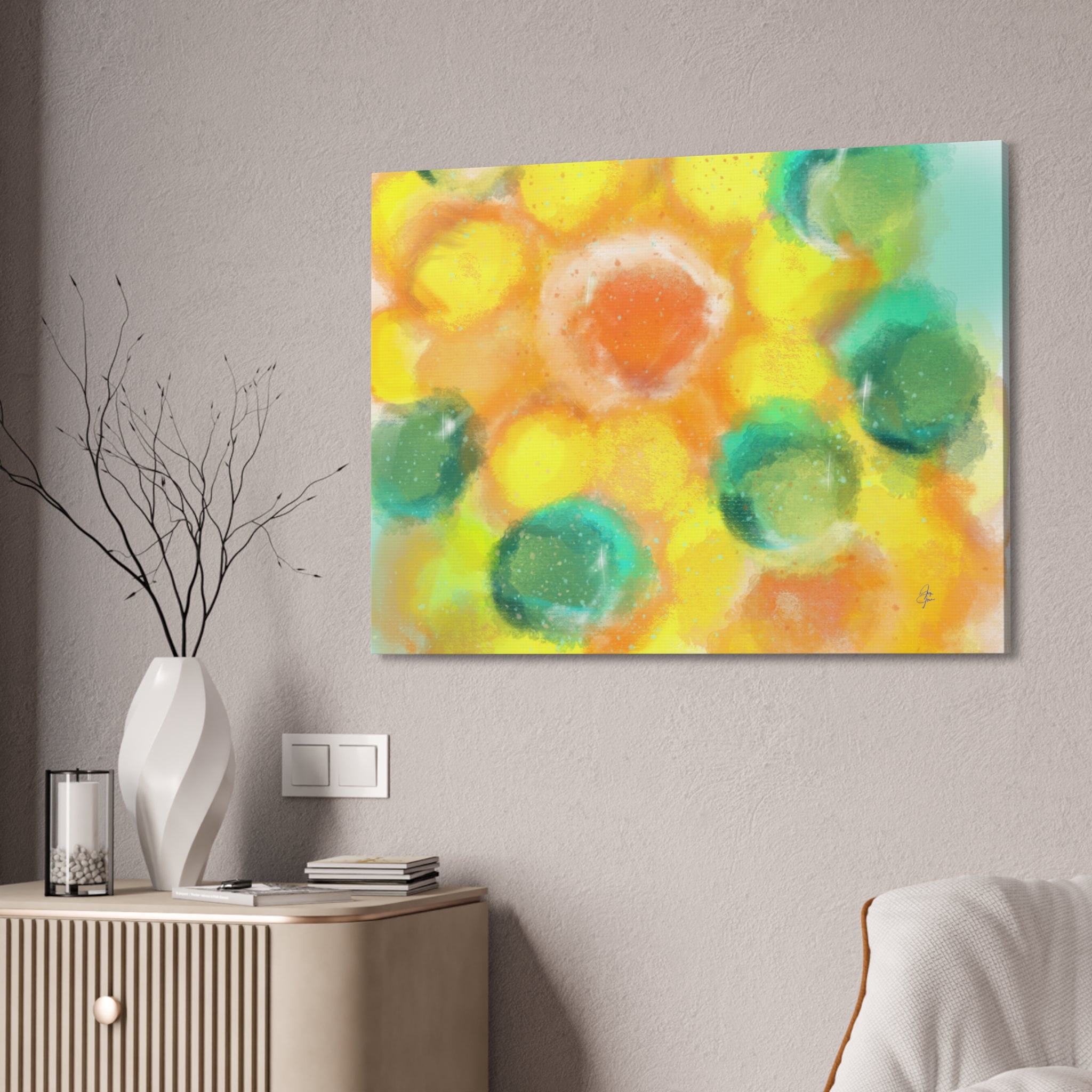 Abstract Sunshine Circles Canvas Art – Vibrant Yellow & Teal Stretched Wall Decor