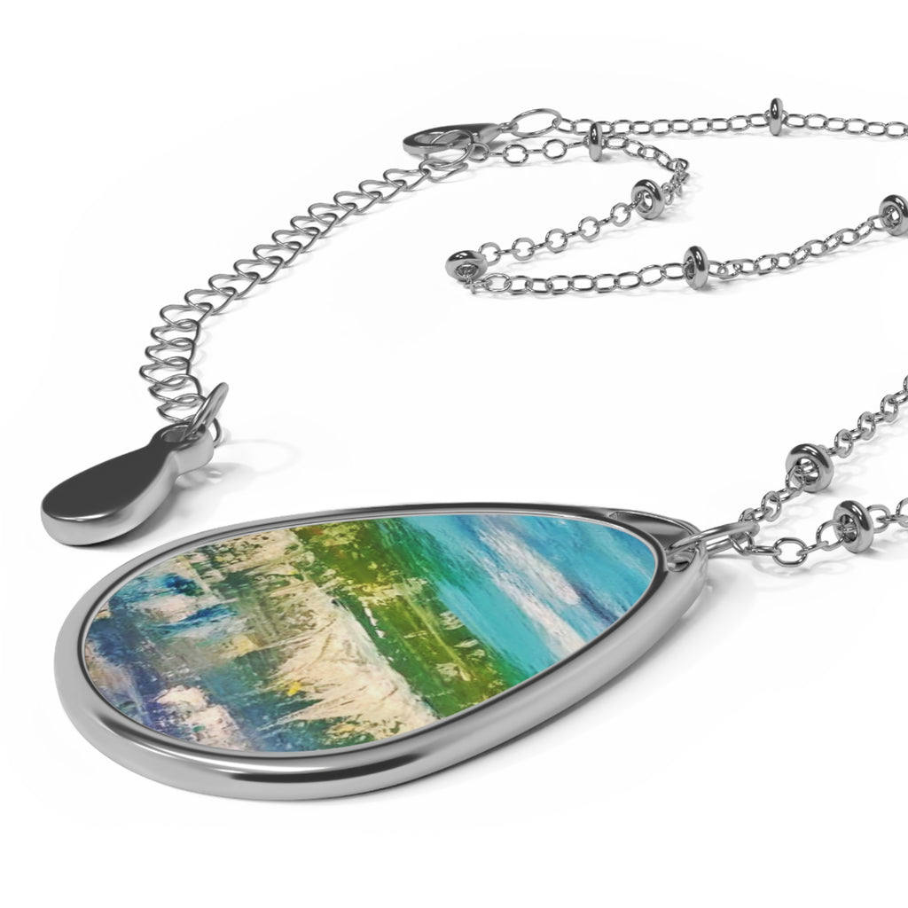 Oval Landscape Pendant Necklace — Teal Green Watercolor Tear-Drop Necklace