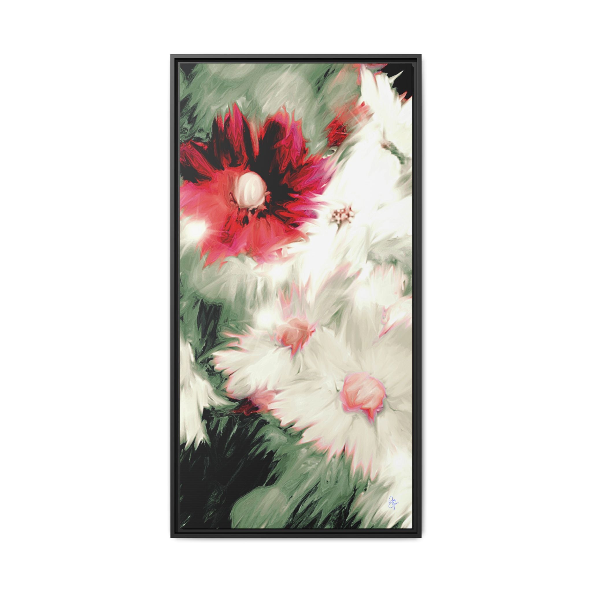 Framed Matte Canvas Print — Blurred Red & White Floral Art