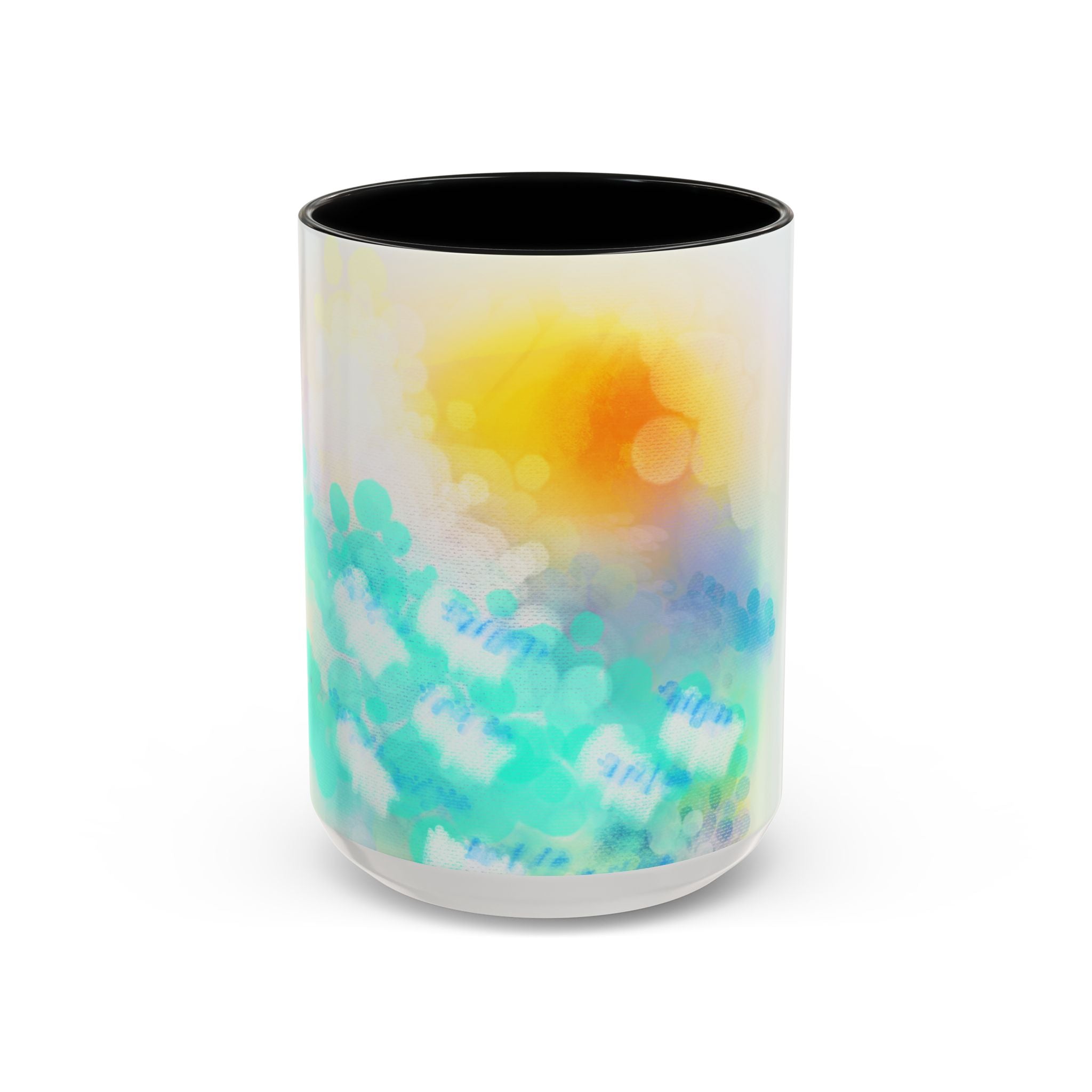 Sunrise Watercolor Accent Coffee Mug — Bright Abstract Teal & Yellow Ceramic