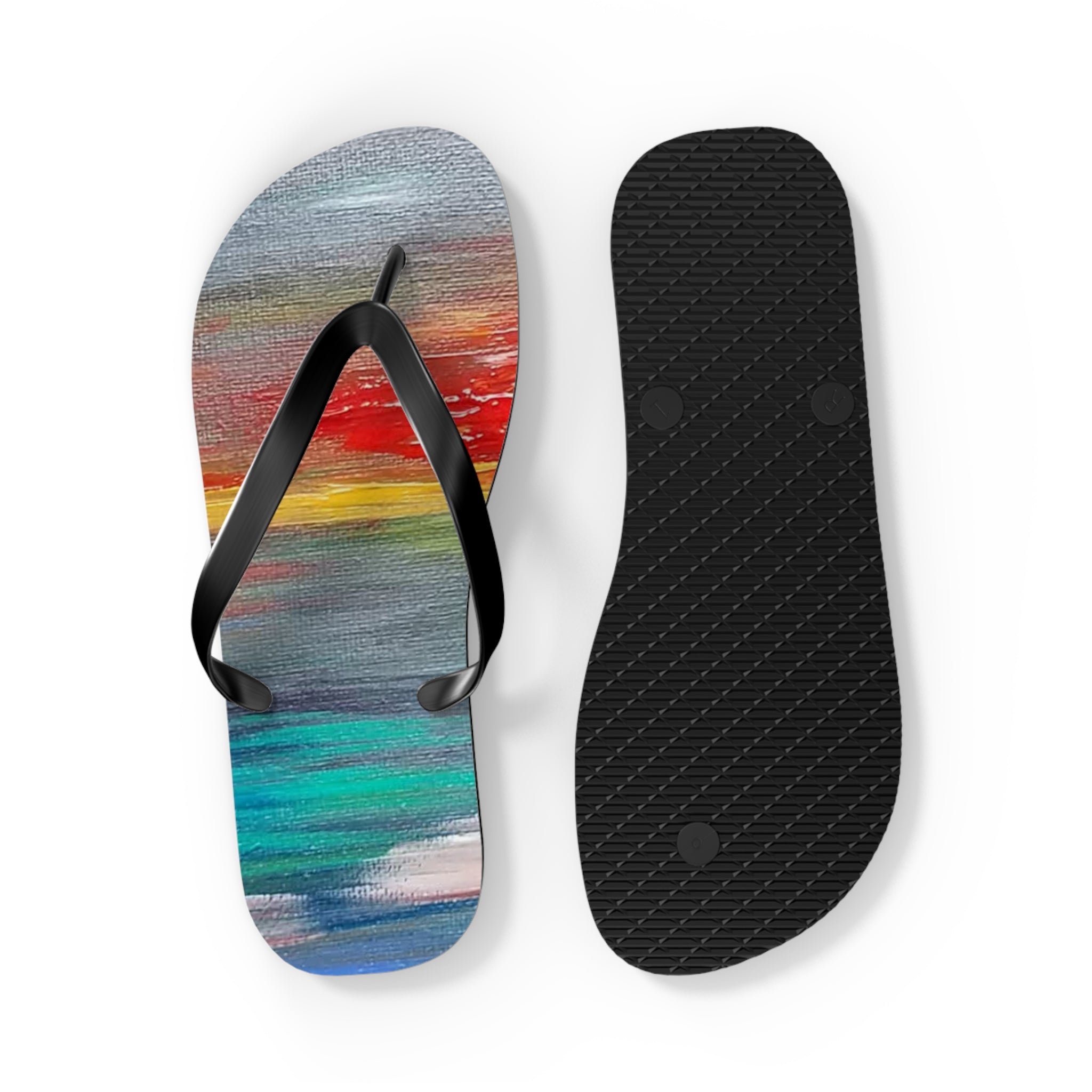 Watercolor Sunset Flip Flops — Colorful Beach Sandal for Summer & Vacation