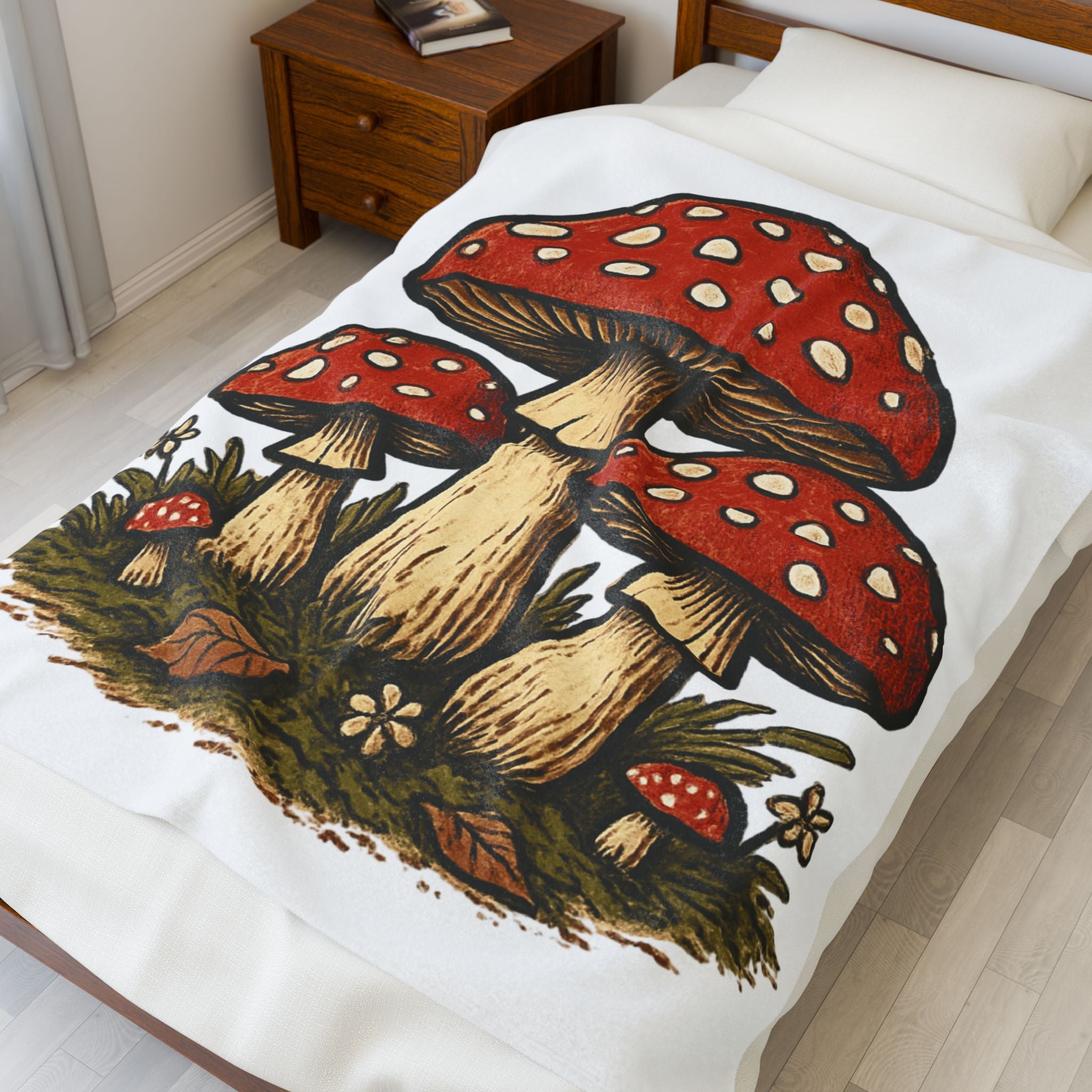 Toadstool Mushrooms Velveteen Plush Blanket – Cozy Red Fungi Throw for Nature Lovers