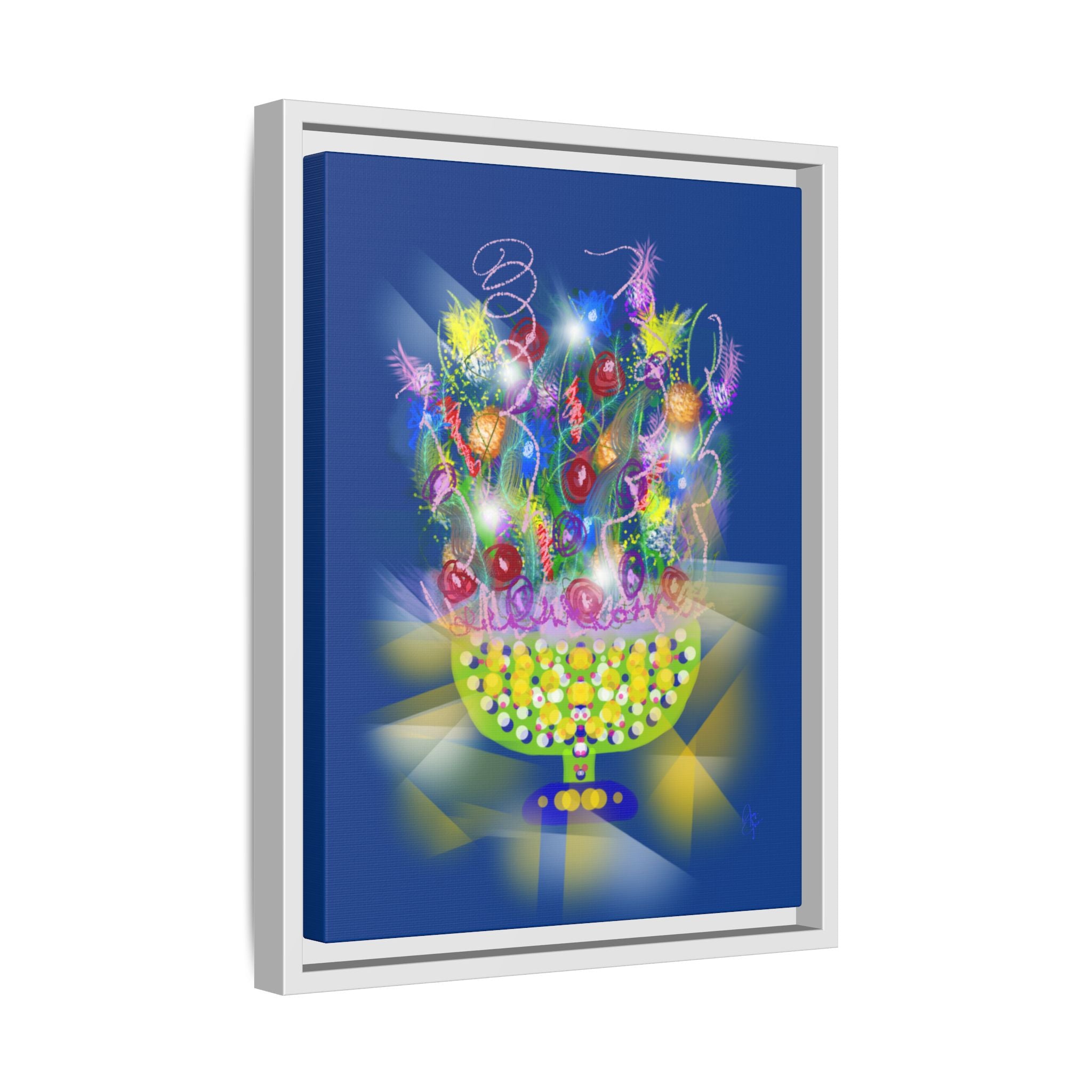 Framed Canvas Art - Colorful Festive Bouquet on Deep Blue Matte