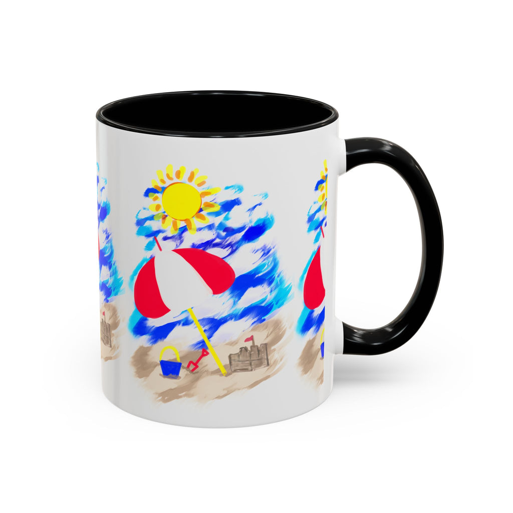 Beach Scene Coffee Mug – Summer Umbrella, Sun & Sandcastle Accent Mug
