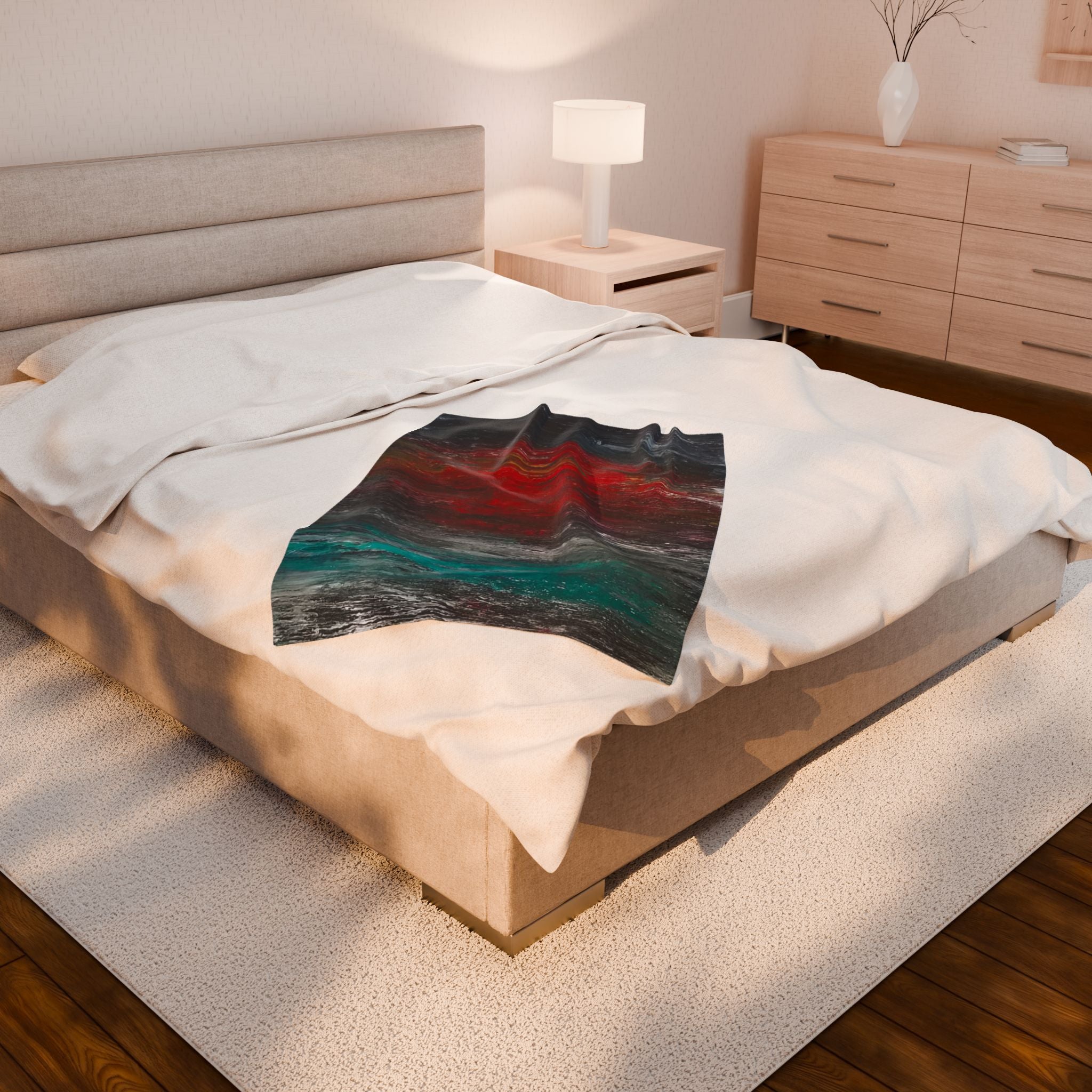 Velveteen Plush Blanket - Abstract Red Sun Coastal Art Throw