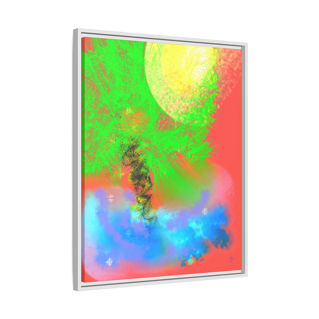 Abstract Neon Tree Matte Canvas Framed Art — Vibrant Green Moon Landscape