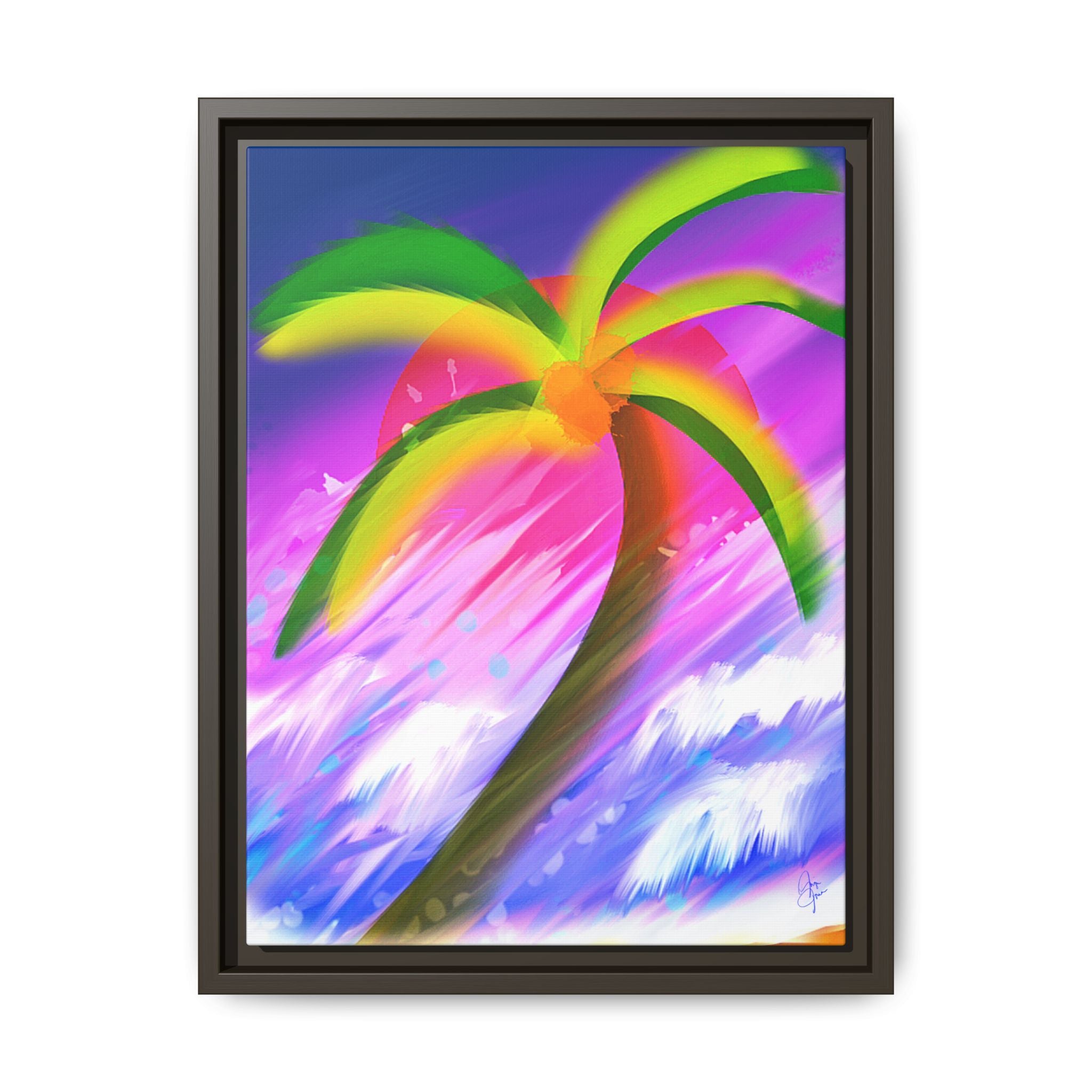 Framed Matte Canvas Print — Neon Palm Beach Art