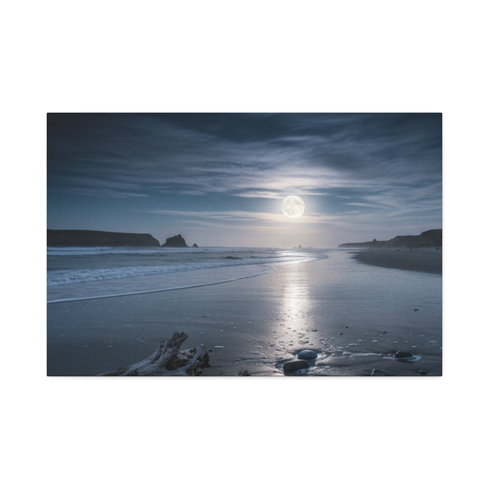 Moonlit Beach Canvas Wall Art — Tranquil Ocean Nightscape