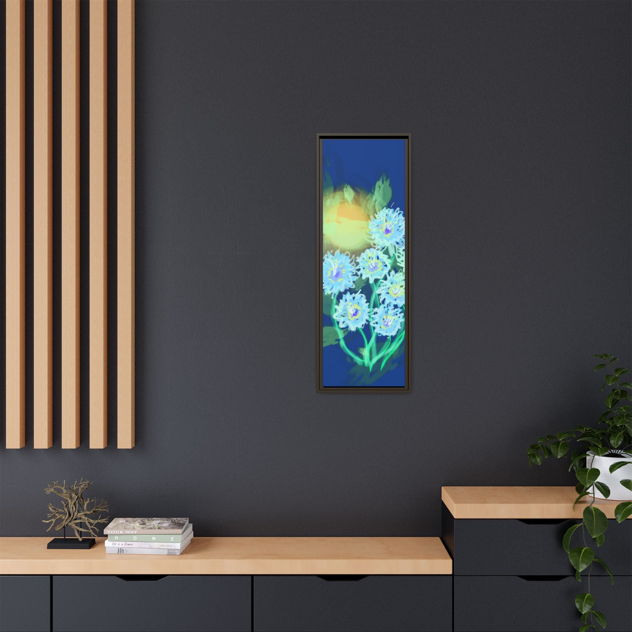 Framed Floral Canvas Art — Blue & Yellow Abstract Bouquet (Matte)