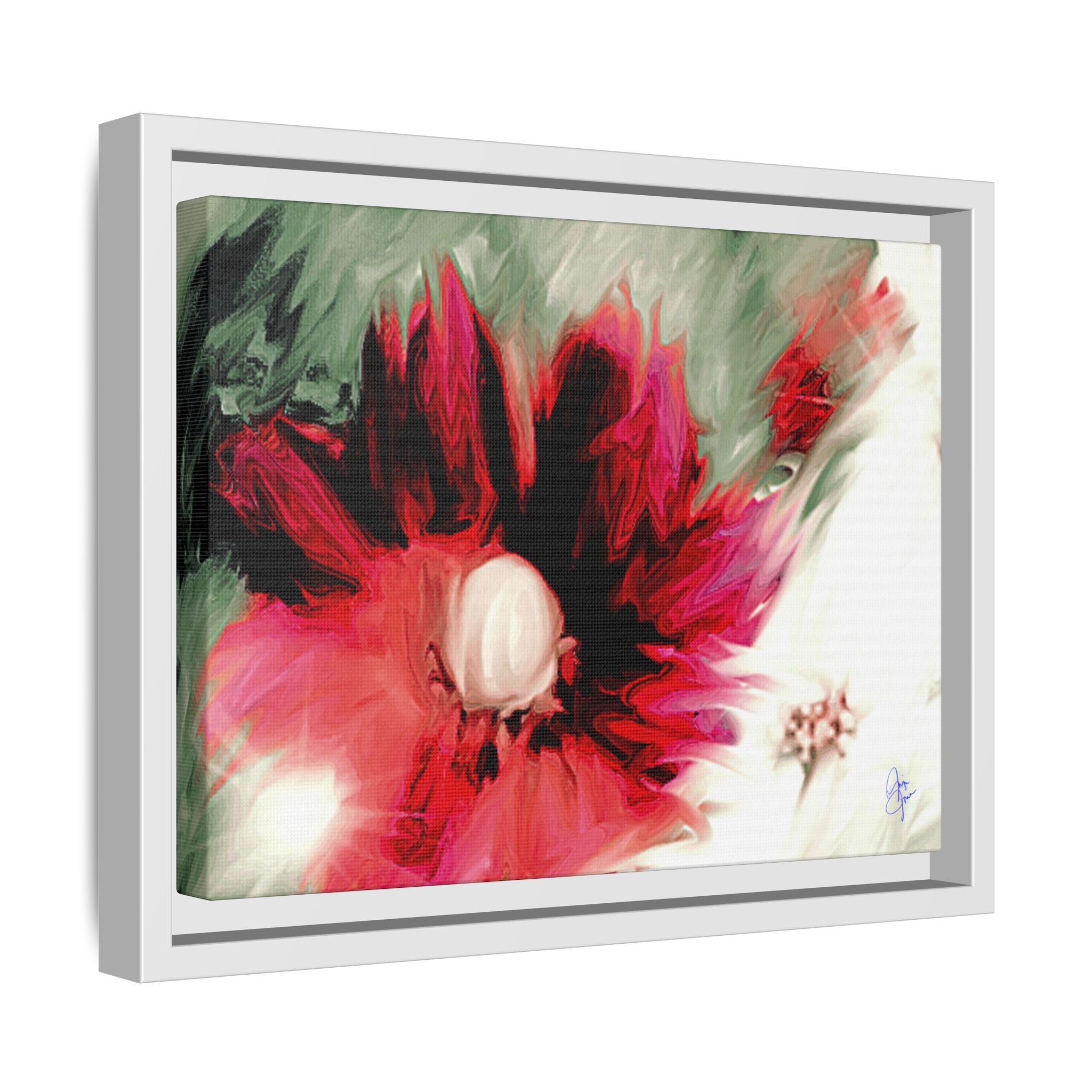 Framed Matte Canvas Print — Blurred Red & White Floral Art
