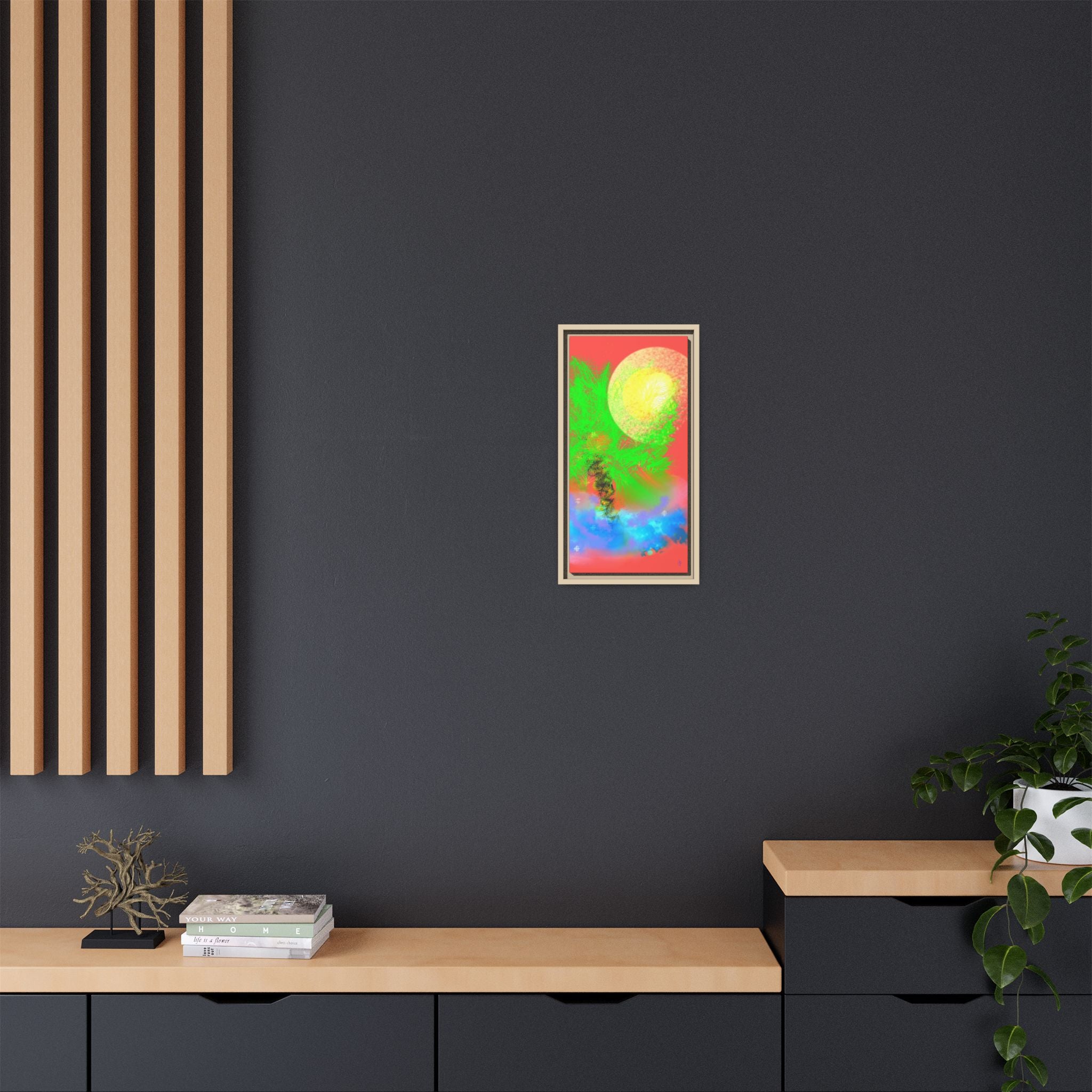 Abstract Neon Tree Matte Canvas Framed Art — Vibrant Green Moon Landscape