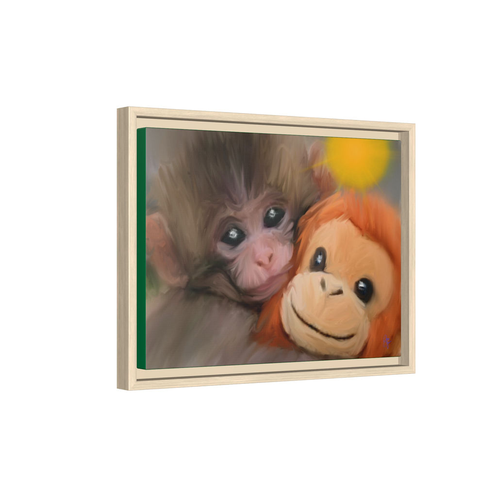 Framed Matte Canvas Print — Baby Monkey & Plush Orangutan Wall Art