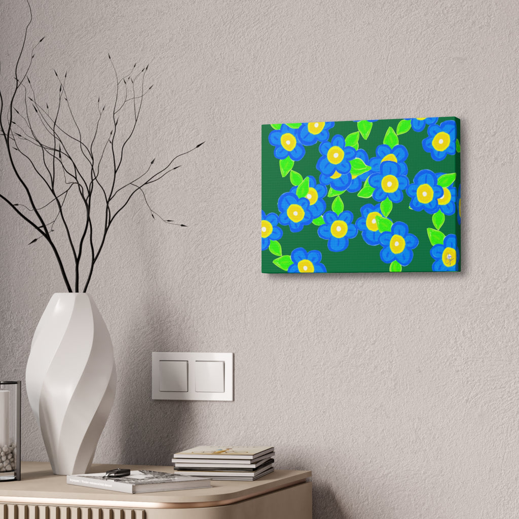 Blue Floral Canvas Wall Art — Bright Hand-Drawn Flowers on Mustard Background
