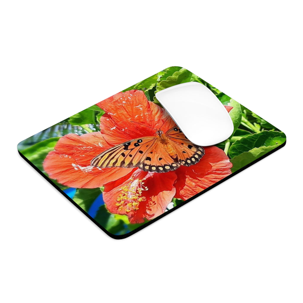 Butterfly on Hibiscus Mouse Pad — Tropical Floral Desk Mat