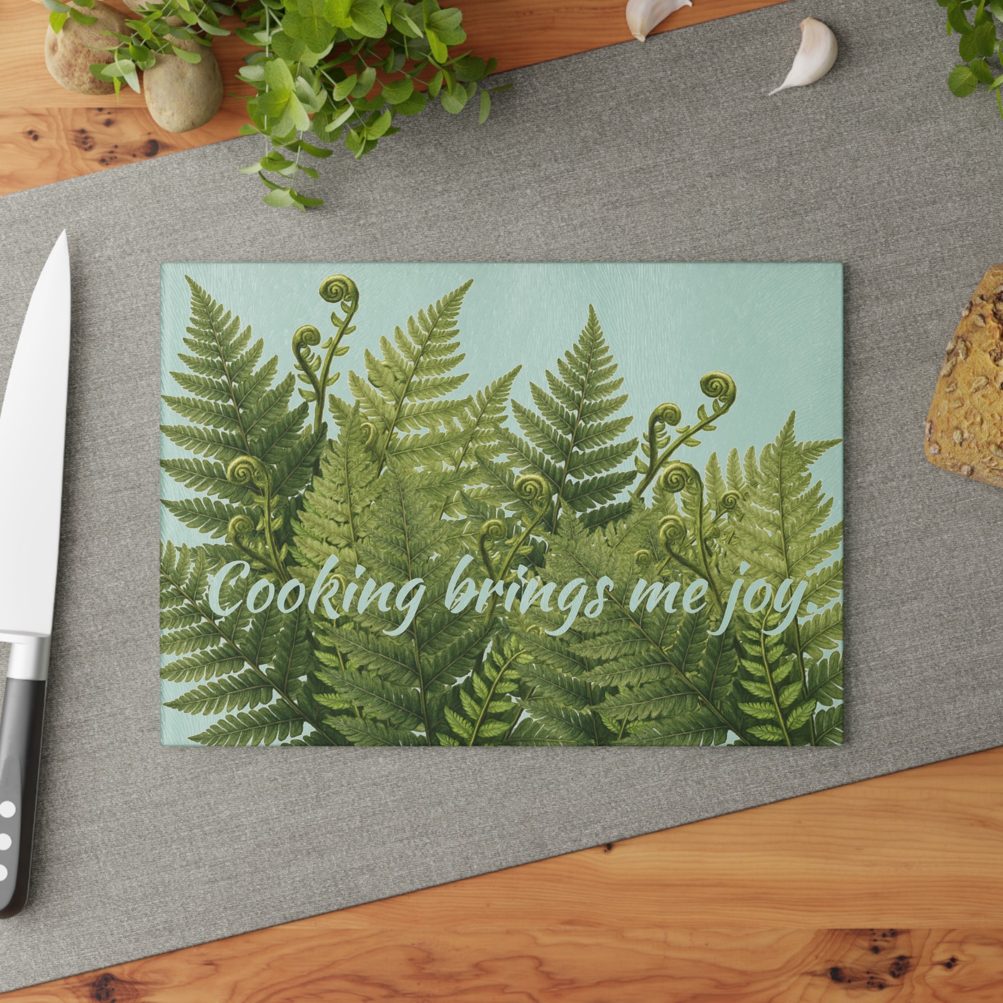 Glass Cutting Board - Fern Design "Cooking brings me joy" Kitchen Decor, Nature-Inspired Gift