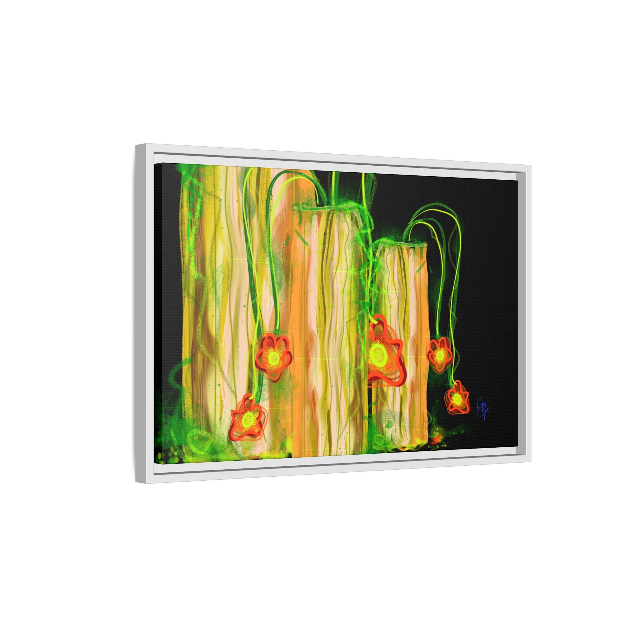 Framed Matte Canvas Print — Neon Floral Candlelight Art