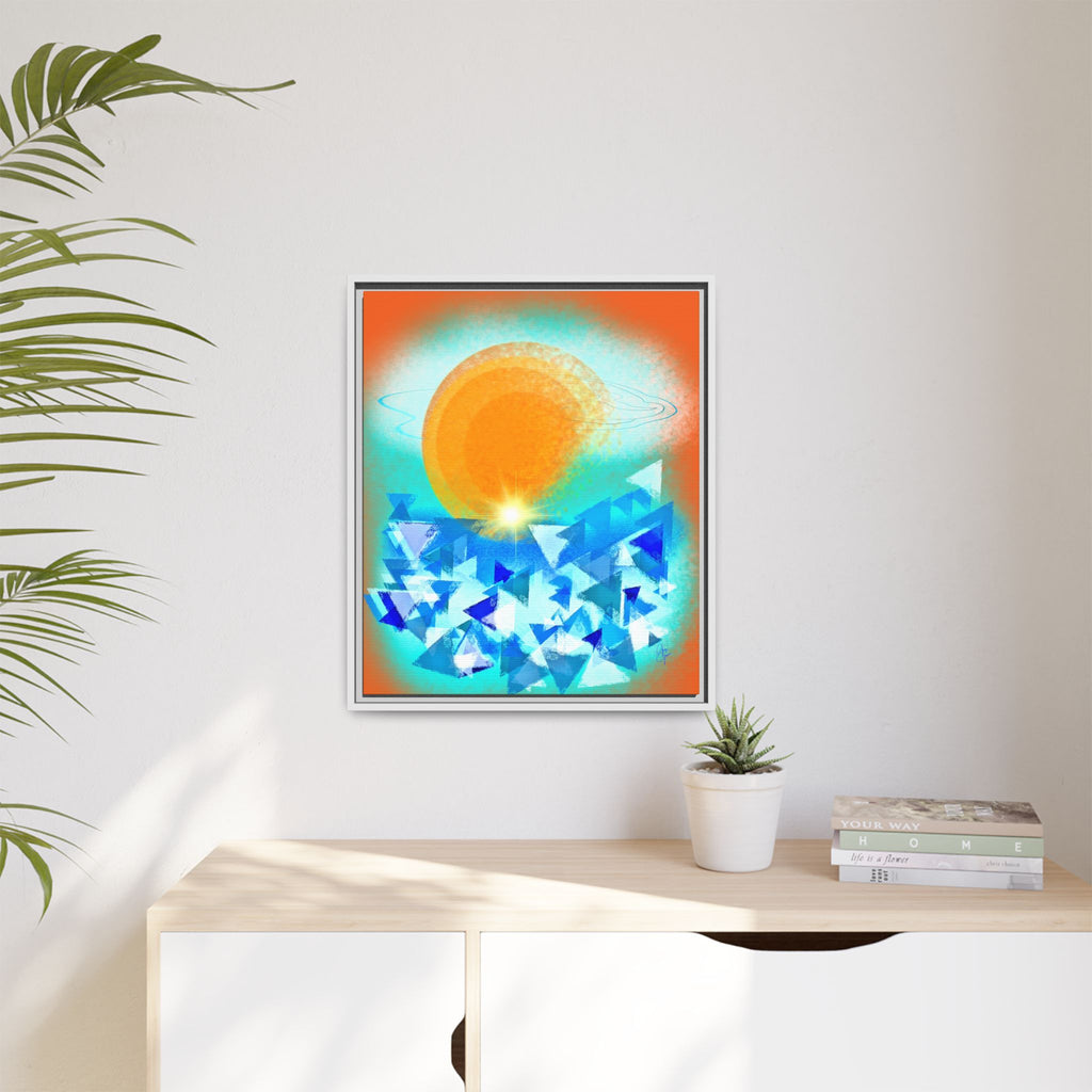 Abstract Sunrise Framed Canvas Art – Orange Sun Over Blue Geometric Waves