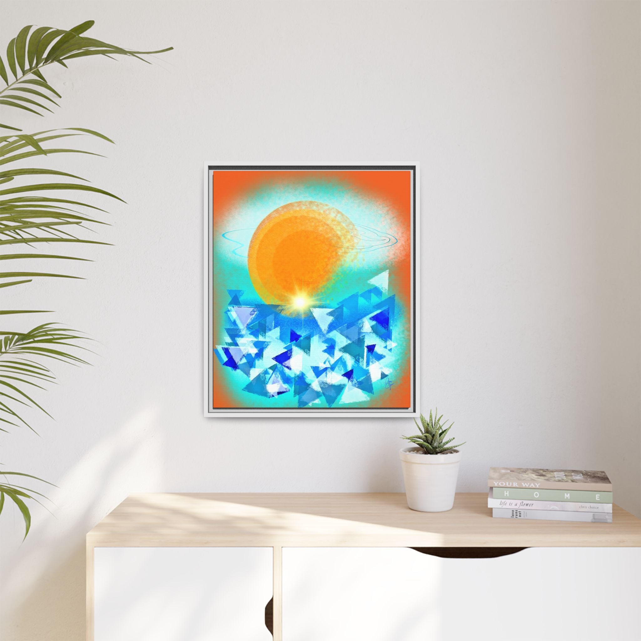 Abstract Sunrise Framed Canvas Art – Orange Sun Over Blue Geometric Waves