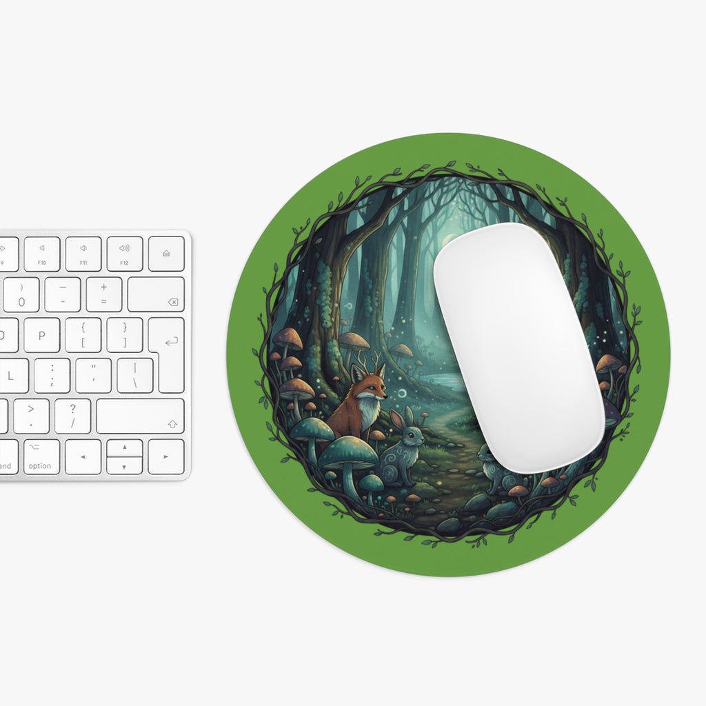 Round Enchanted Forest Mouse Pad — Fox & Rabbit Moonlit Desk Mat