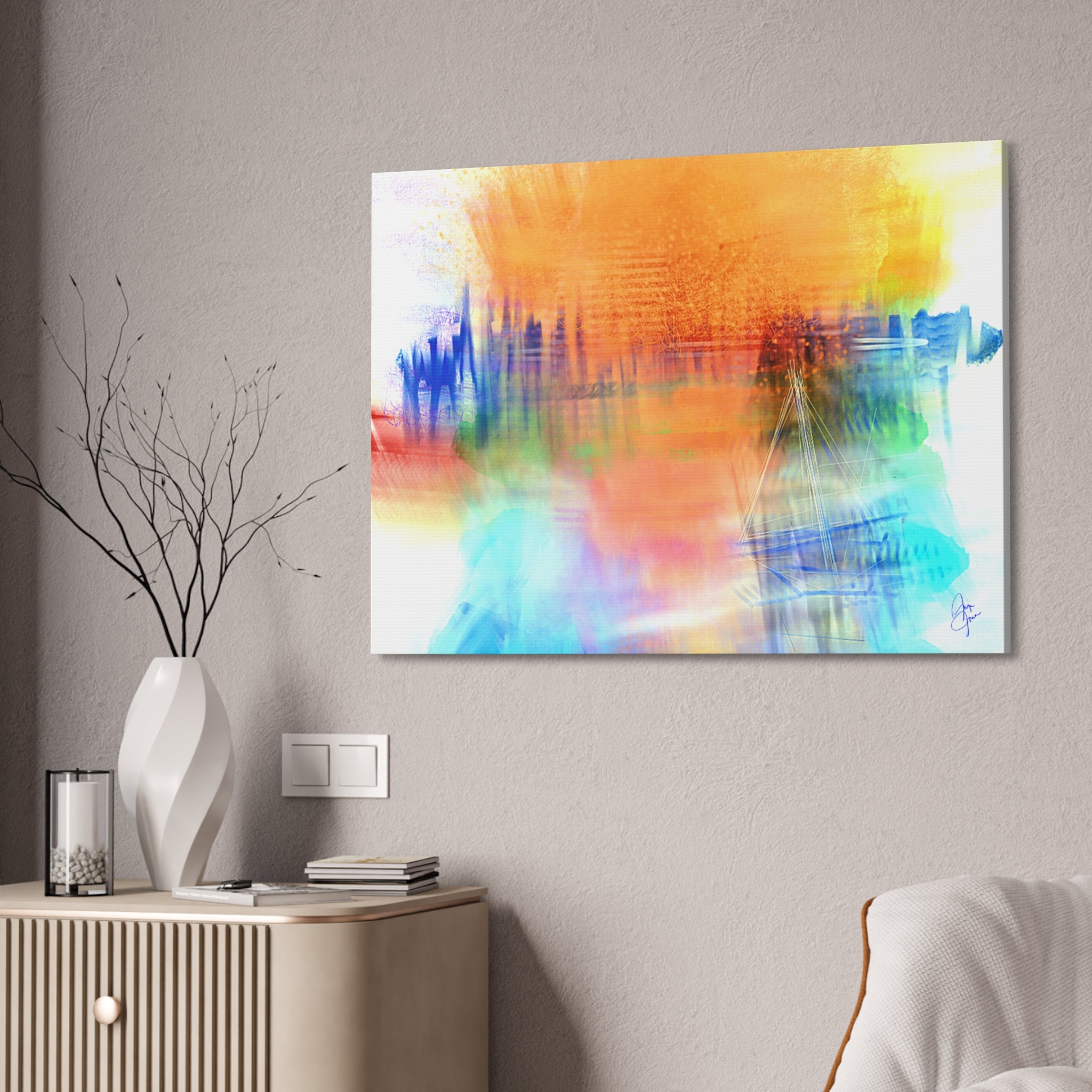 Abstract Color Burst Canvas — Vibrant Orange & Blue Stretched Wall Art