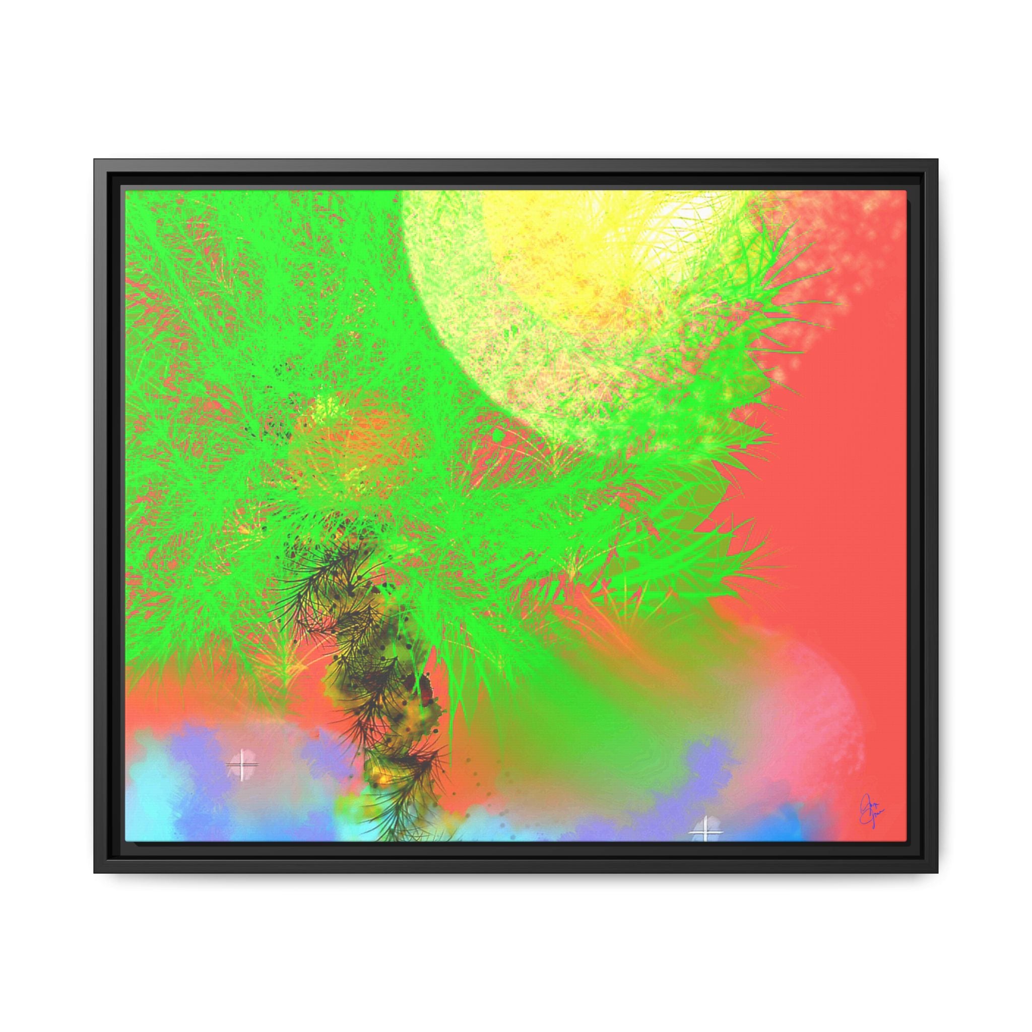 Abstract Neon Tree Matte Canvas Framed Art — Vibrant Green Moon Landscape
