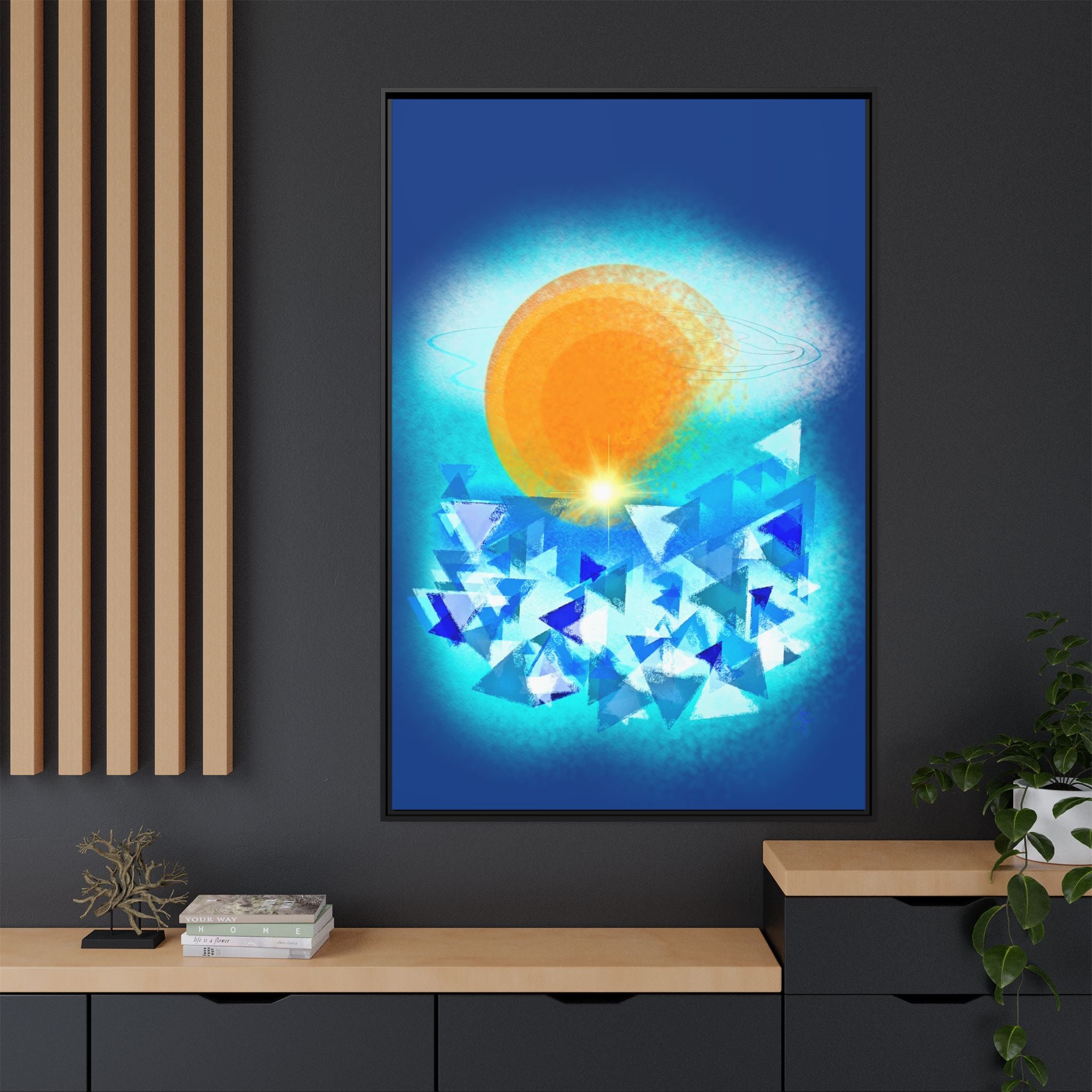 Abstract Sunrise Framed Canvas Art – Orange Sun Over Blue Geometric Waves