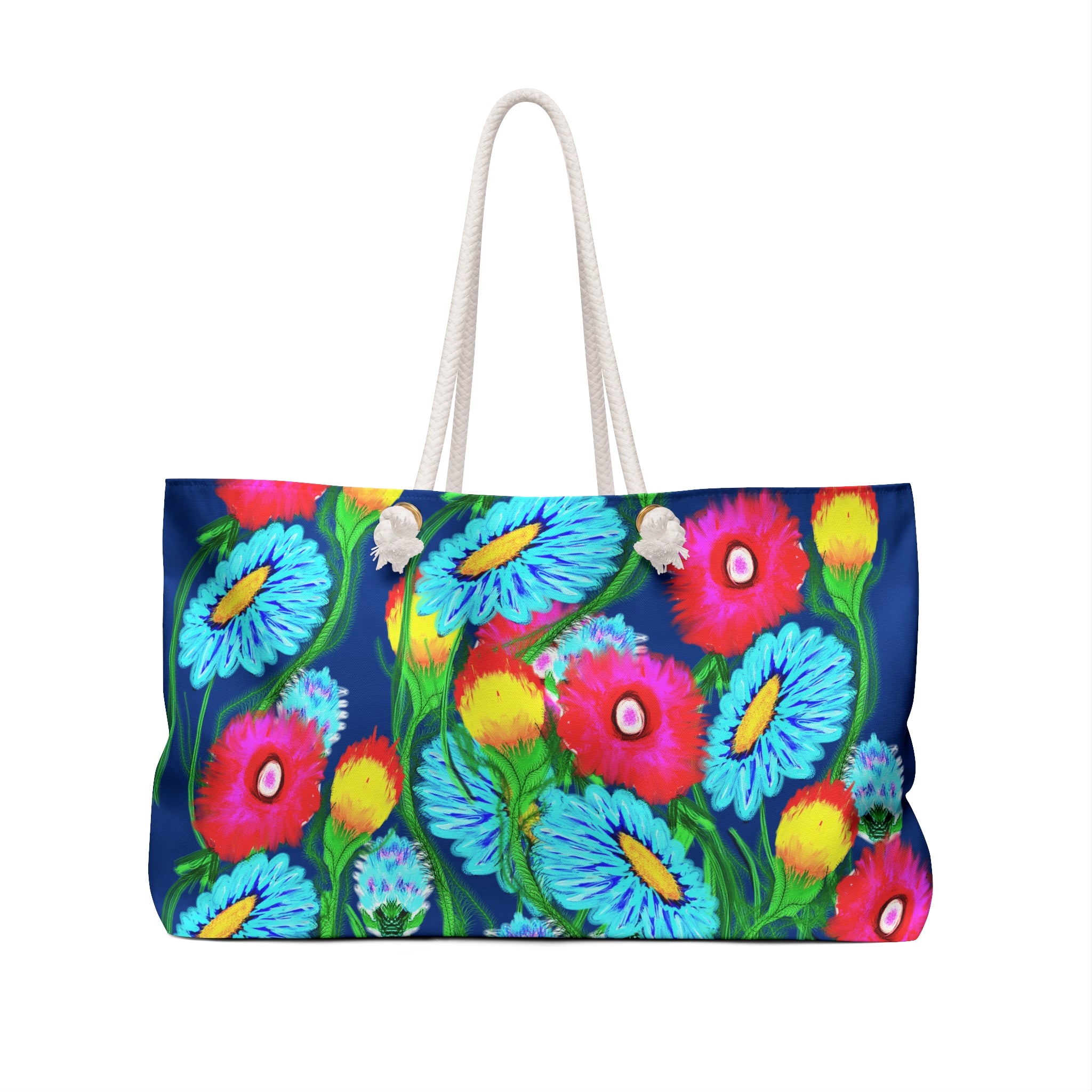 Floral Burst Weekender Bag – Bright Blue Poppy & Daisy Travel Tote