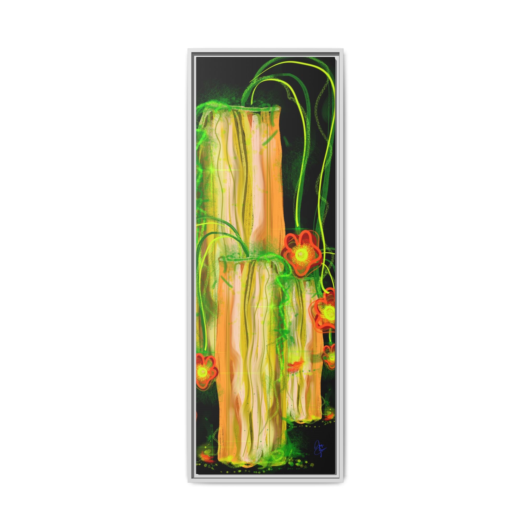 Framed Matte Canvas Print — Neon Floral Candlelight Art